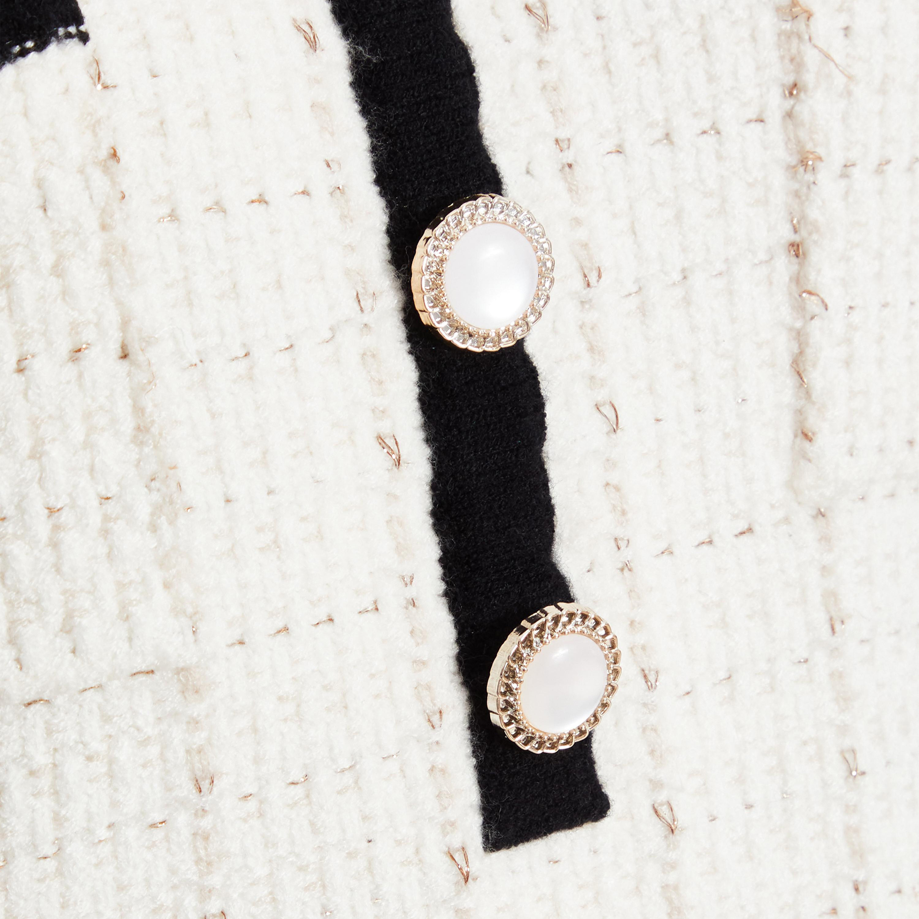 Quiz Cream Bouclé Metallic Knit Contrast Trim Button Long Sleeve Jumper Dress-women-clothing-dresses-image-4
