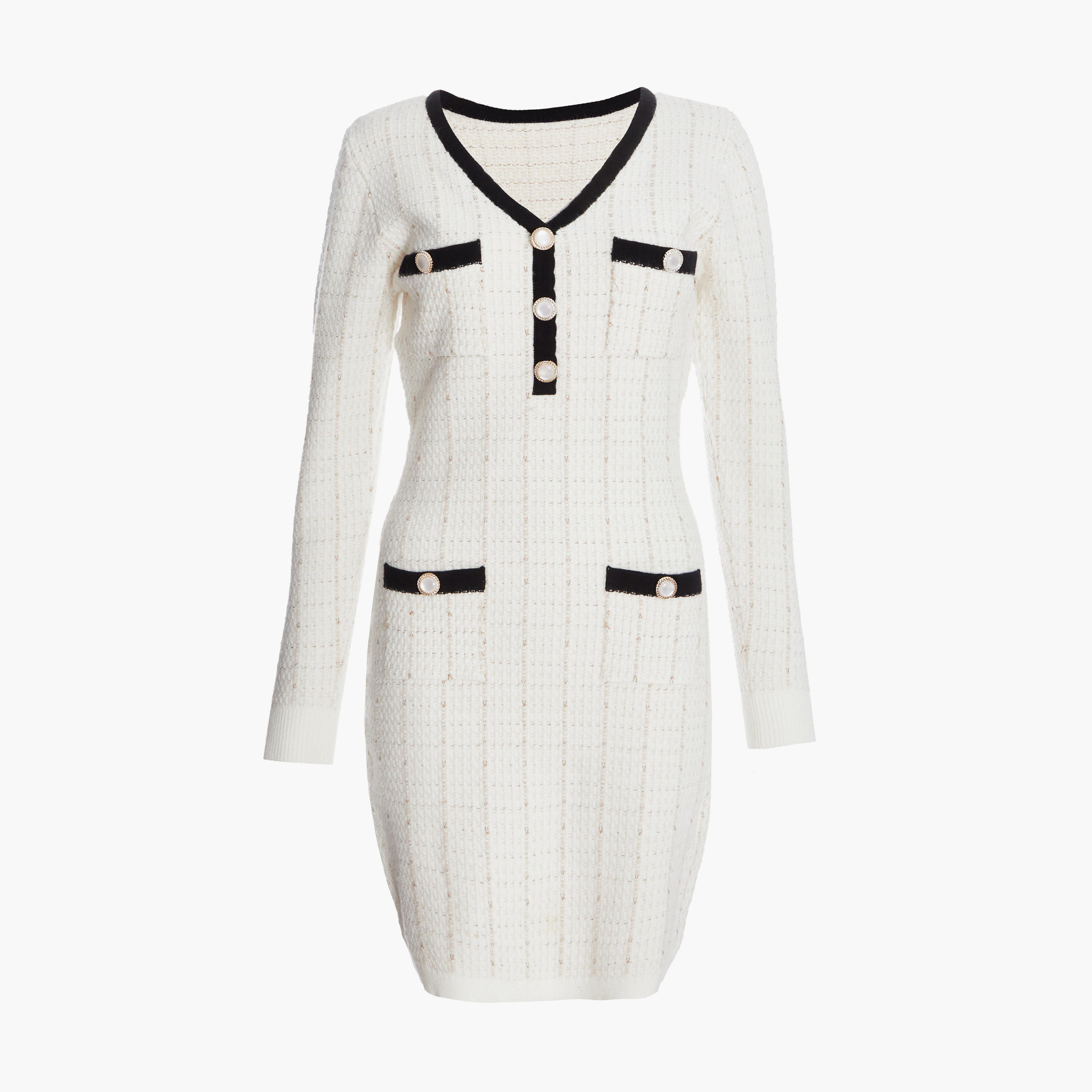 Quiz Cream Bouclé Metallic Knit Contrast Trim Button Long Sleeve Jumper Dress-women-clothing-dresses-image-5