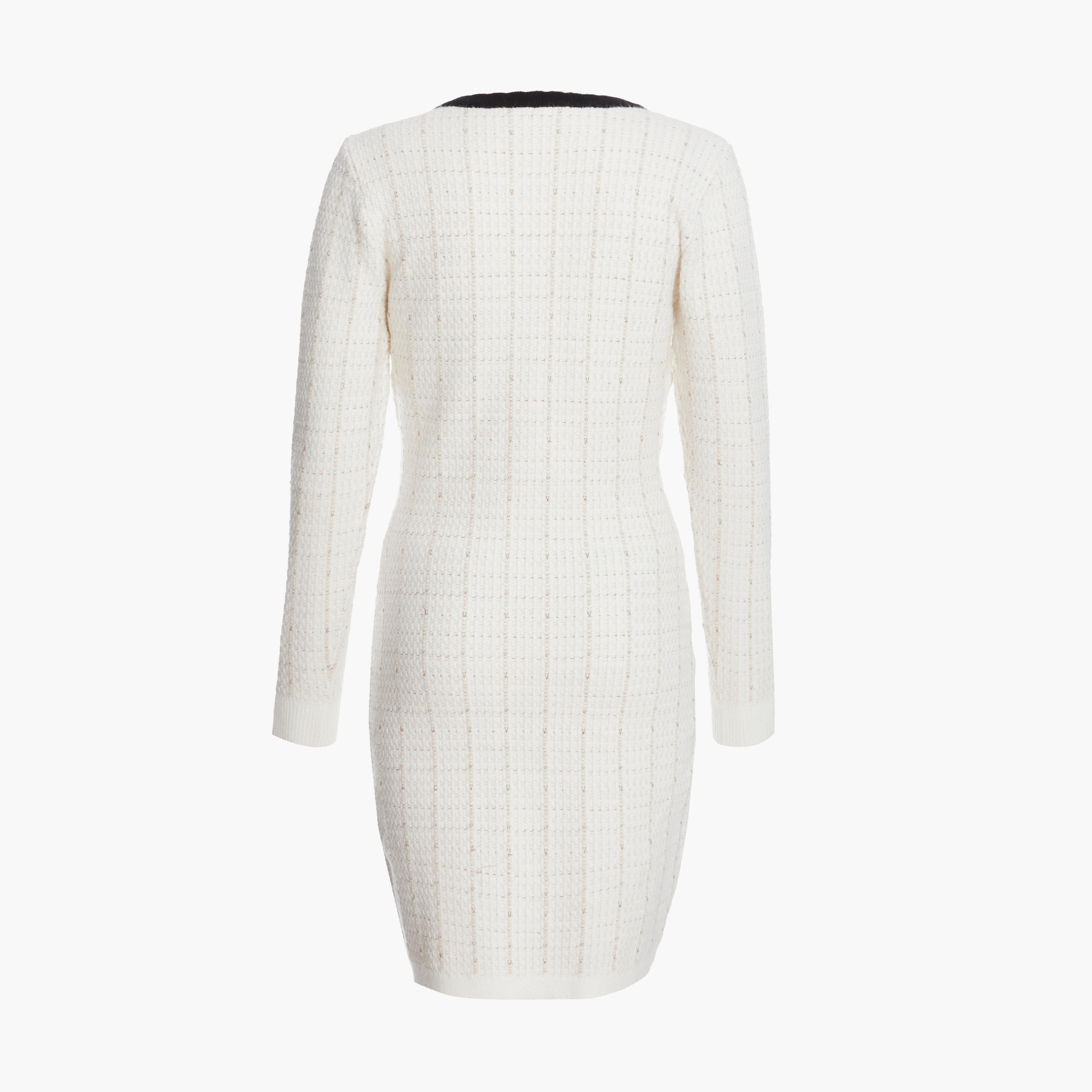 Quiz Cream Bouclé Metallic Knit Contrast Trim Button Long Sleeve Jumper Dress-women-clothing-dresses-image-6