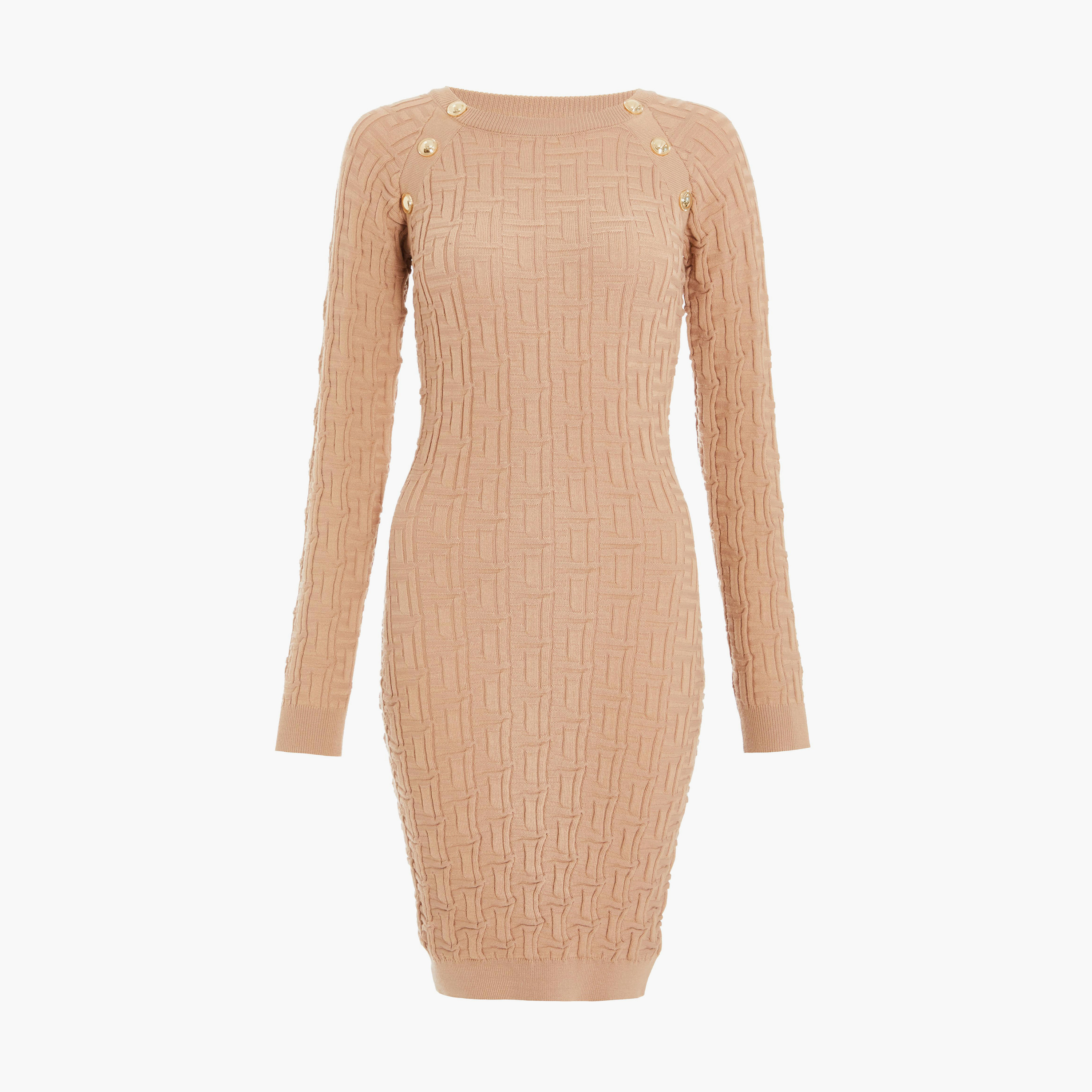 كويز-  فستان قصير محبوك بتفاصيل أزرار من الجاكار بنقشة هندسية من الأحجار-women-clothing-dresses-image-5
