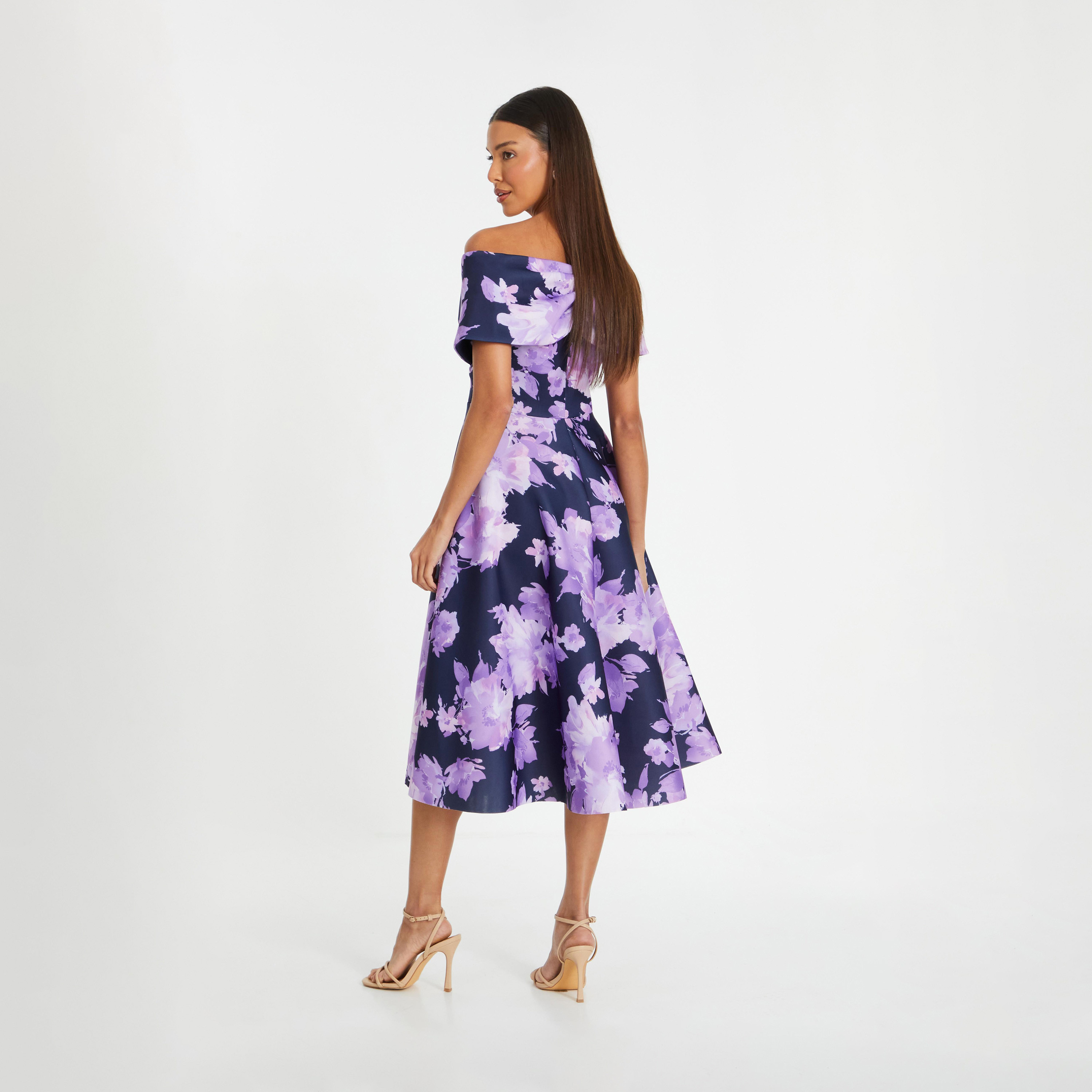 Quiz Navy and Purple Floral Scuba Foam Bardot Dress-women-clothing-dresses-image-2
