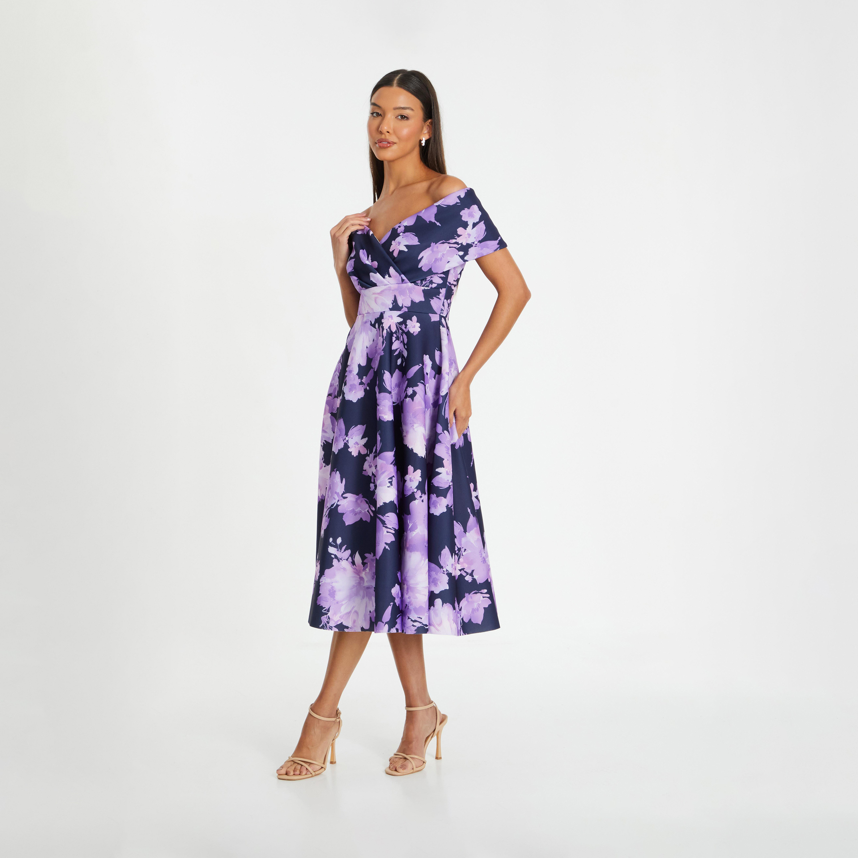 Quiz Navy and Purple Floral Scuba Foam Bardot Dress-women-clothing-dresses-image-3