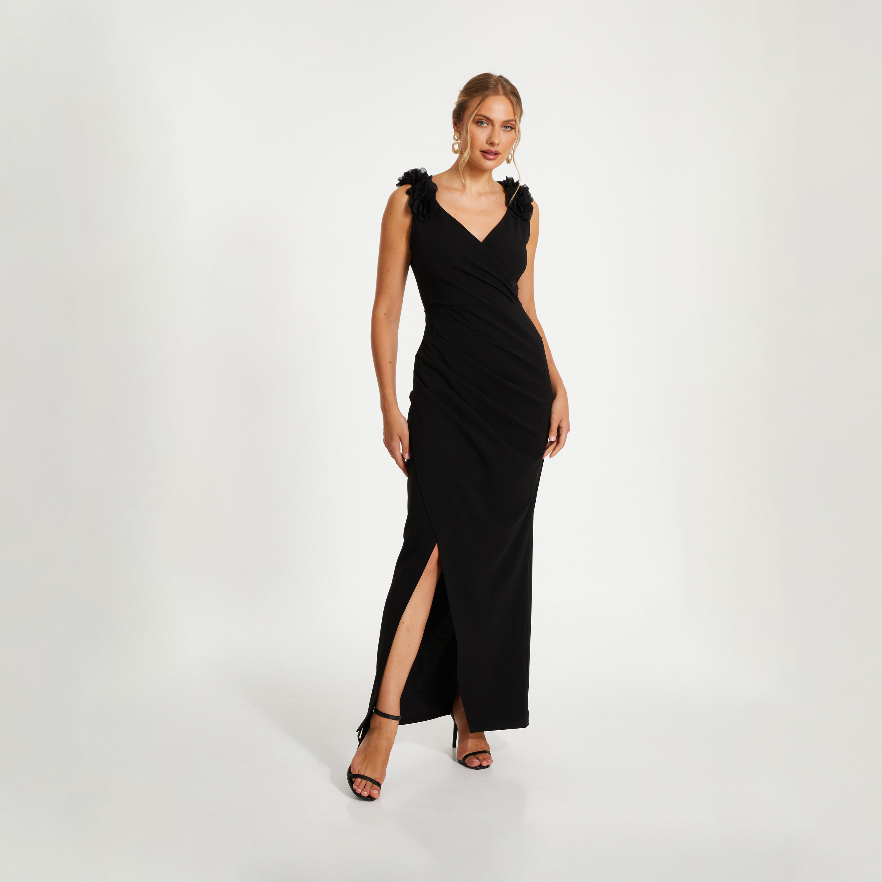 Quiz Black Scuba Crepe Strap Trim Ruched Evening Maxi Dress