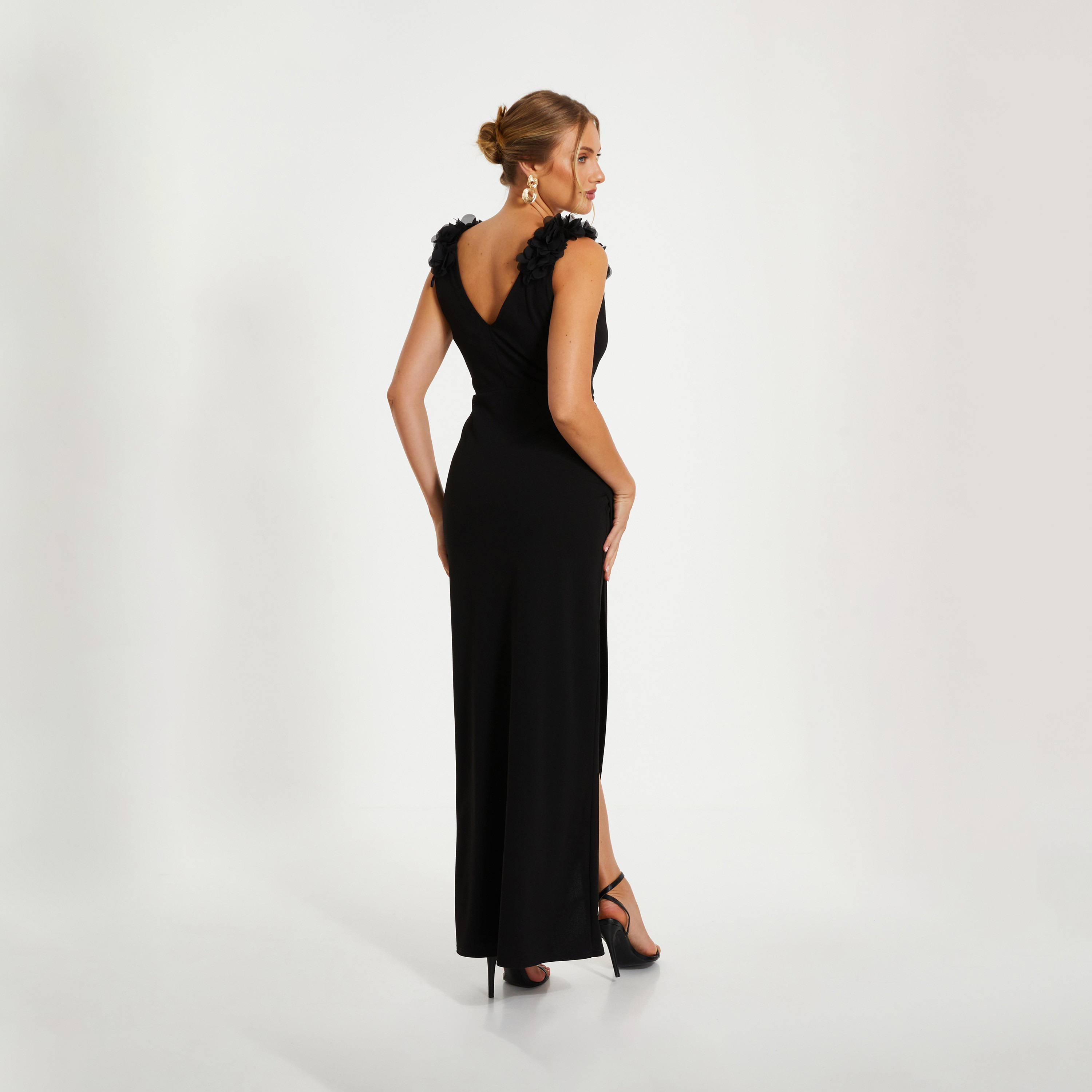 Quiz Black Scuba Crepe Strap Trim Ruched Evening Maxi Dress-women-clothing-dresses-image-3