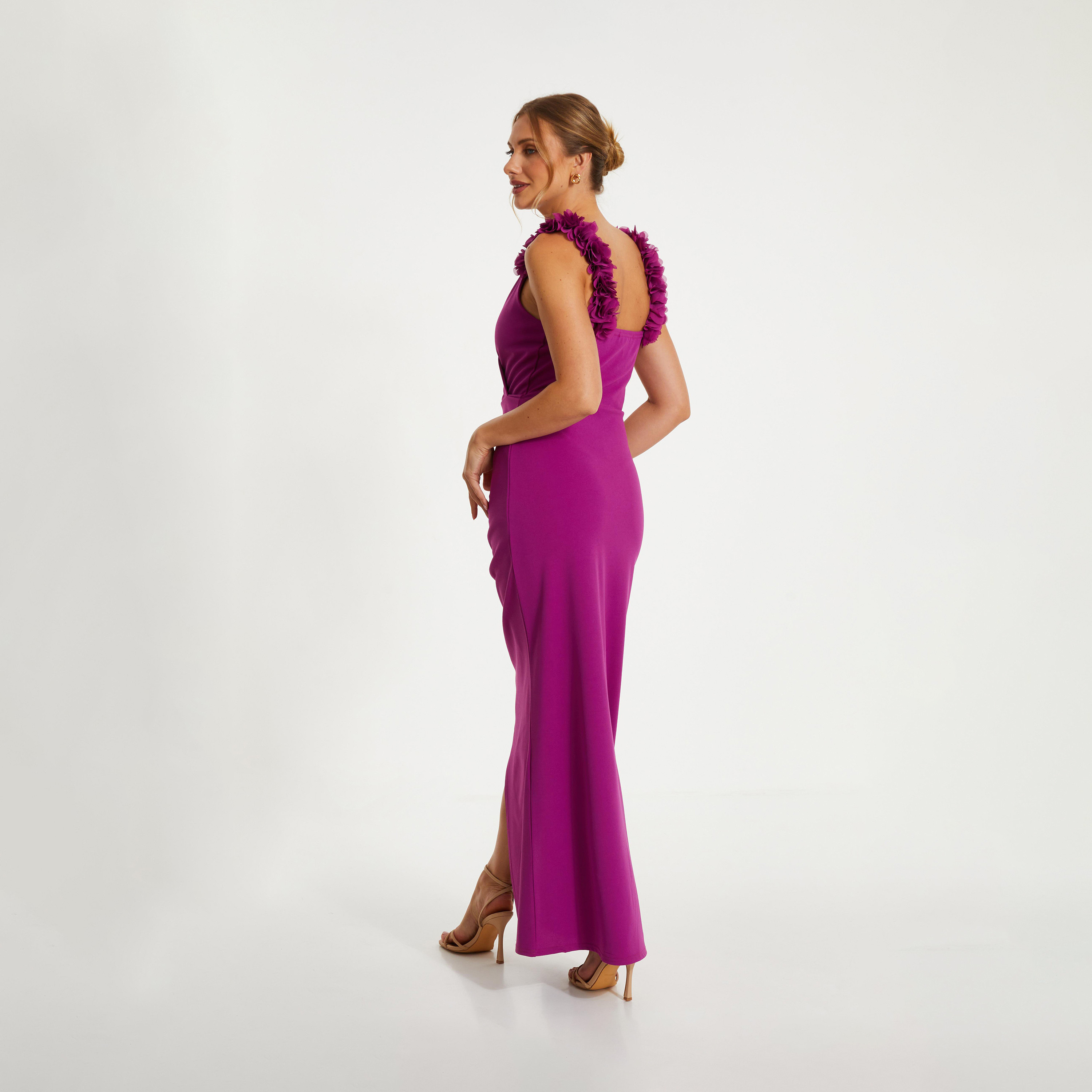 Quiz Berry Scuba Crepe Strap Trim Ruched Evening Maxi Dress-women-clothing-dresses-image-2