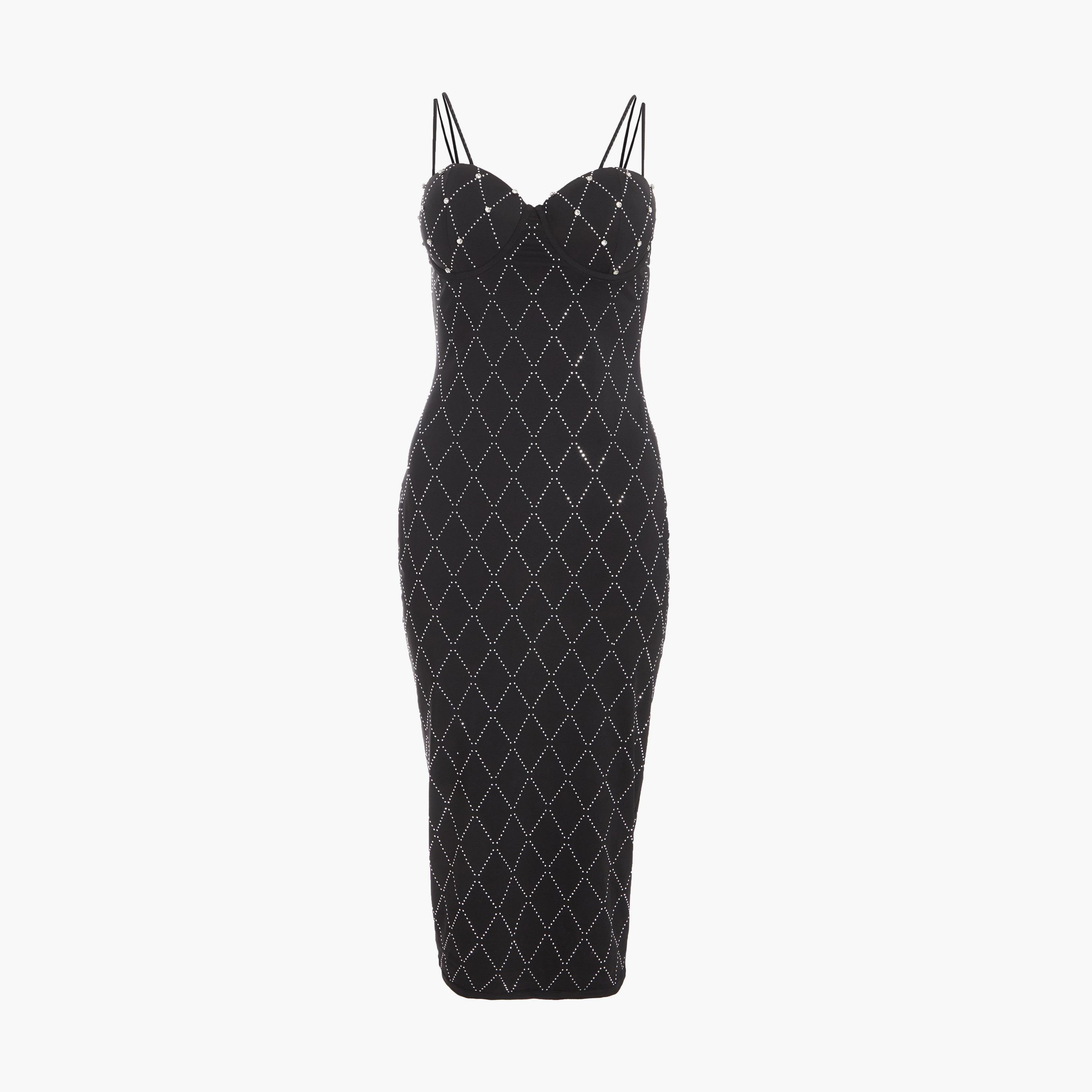 كويز-  فستان سهرة أسود متوسط ​​الطول بحزام من أحجار الراين-women-clothing-dresses-image-5