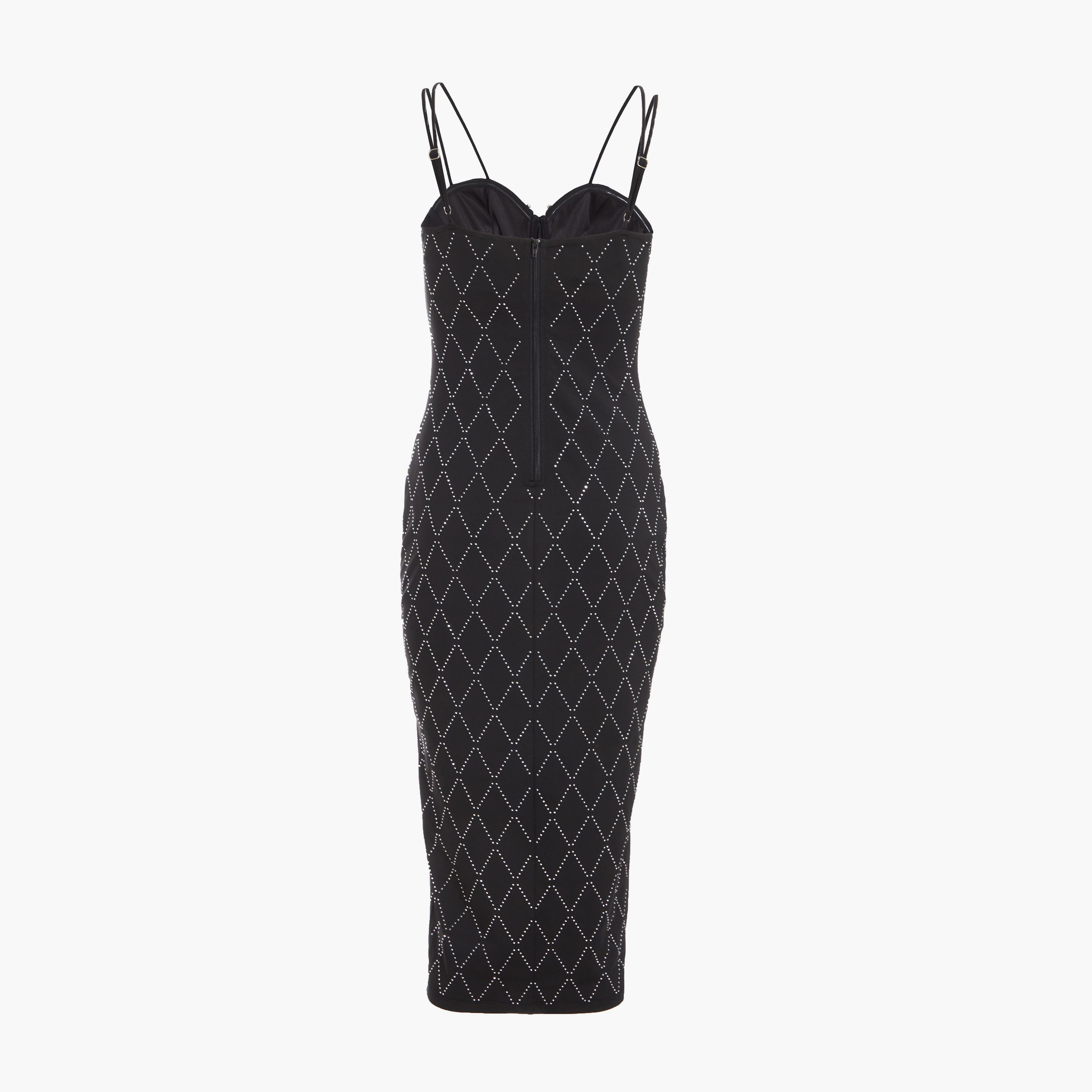كويز-  فستان سهرة أسود متوسط ​​الطول بحزام من أحجار الراين-women-clothing-dresses-image-6