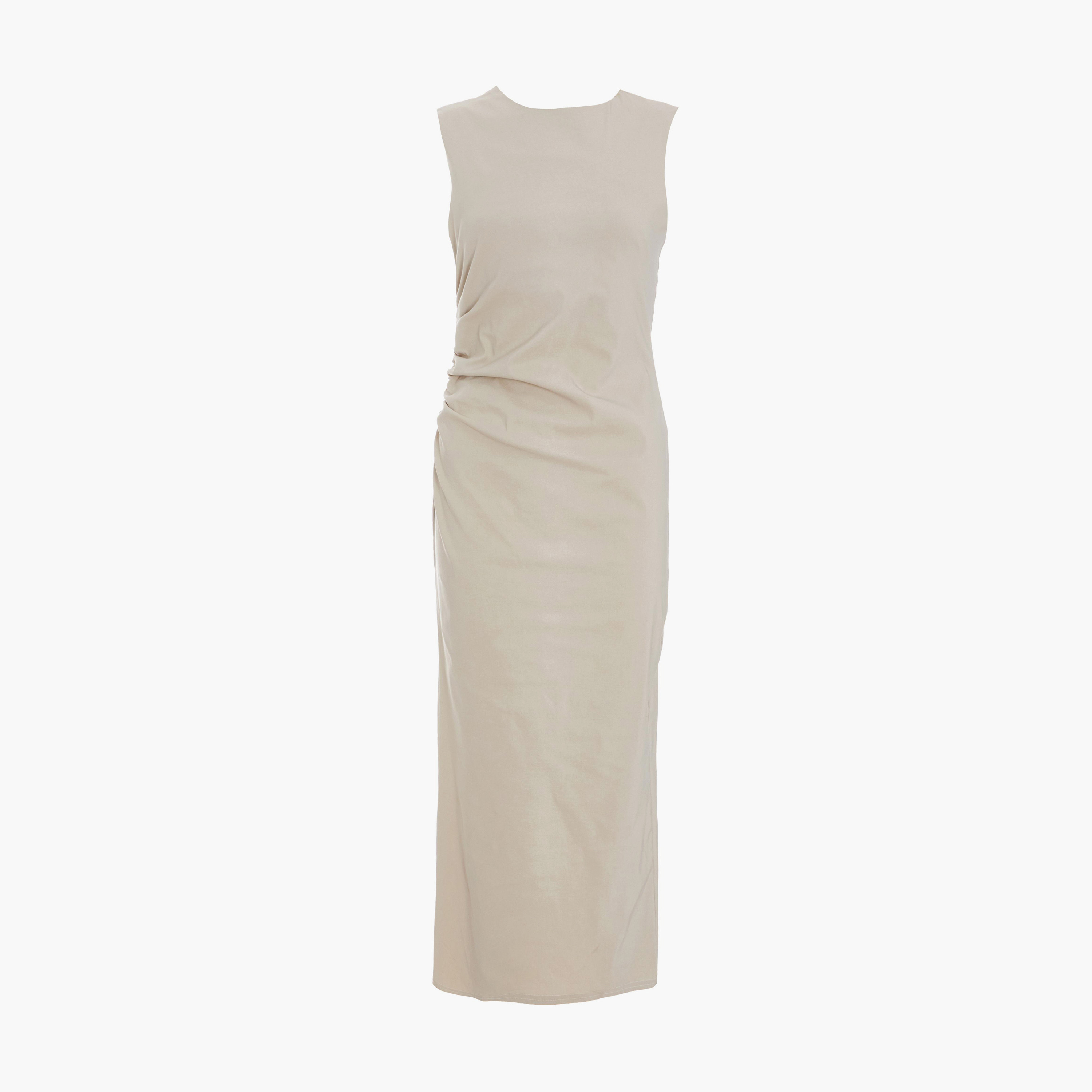 Quiz Stone Bengaline Round Neck Ruched Waist Midi Dress-women-clothing-dresses-image-5