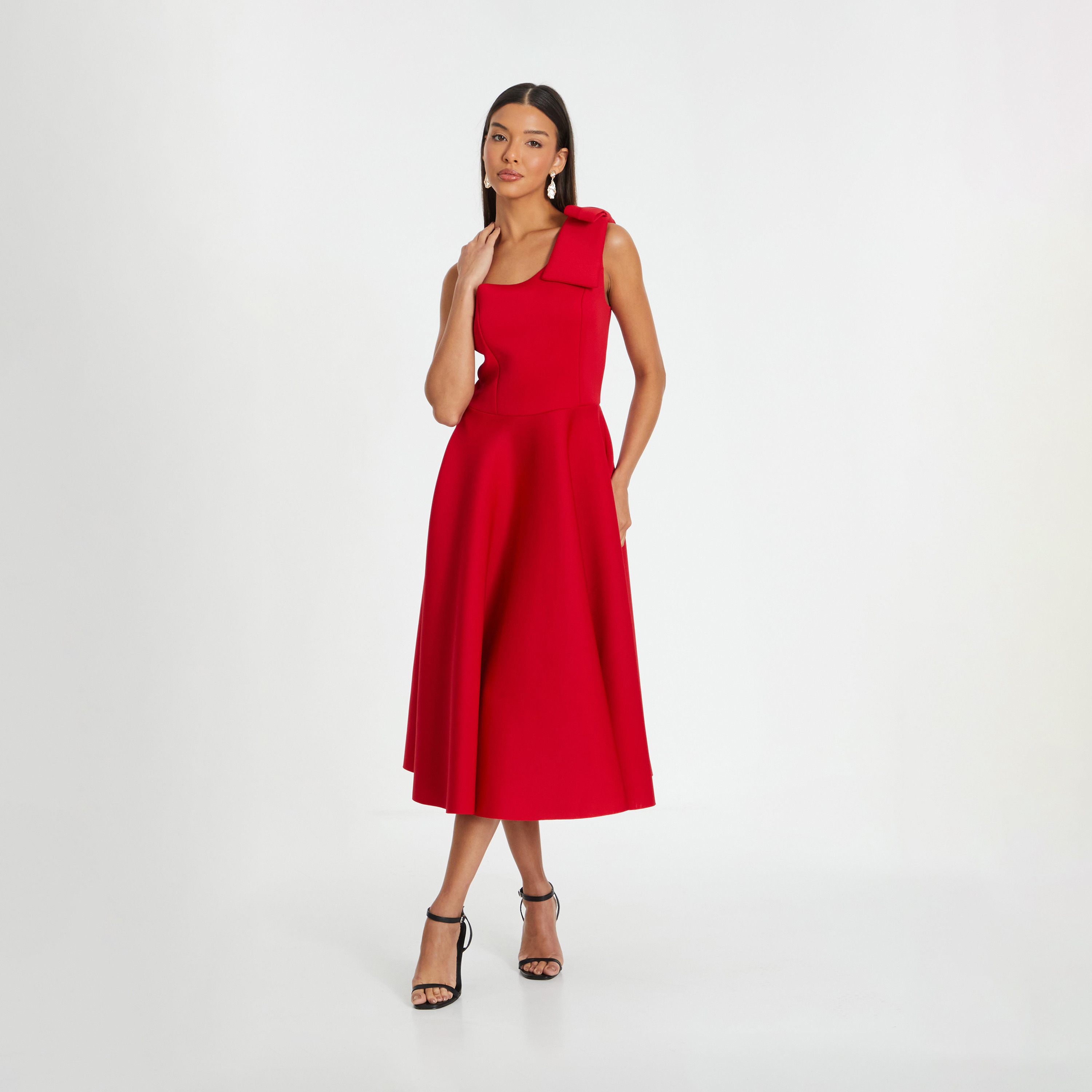 Quiz Red Scuba One Shoulder Bow Skater Evening Wear Midi Dress-women-clothing-dresses-image-1