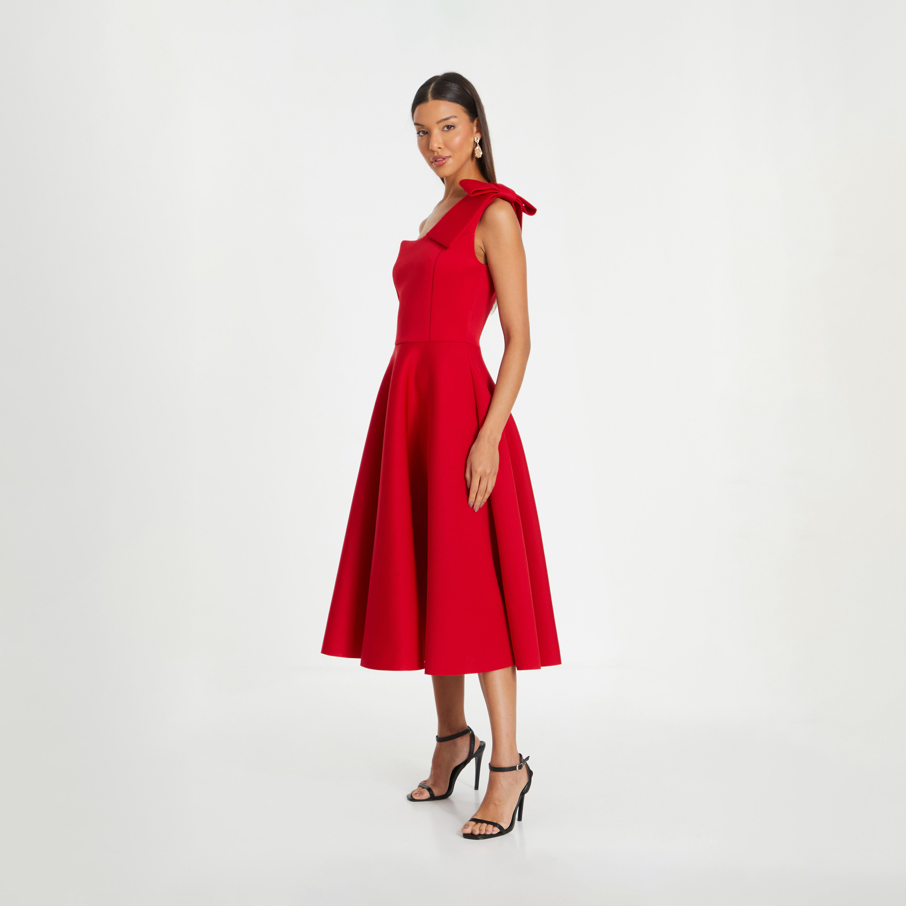 Quiz Red Scuba One Shoulder Bow Skater Evening Wear Midi Dress-women-clothing-dresses-image-2