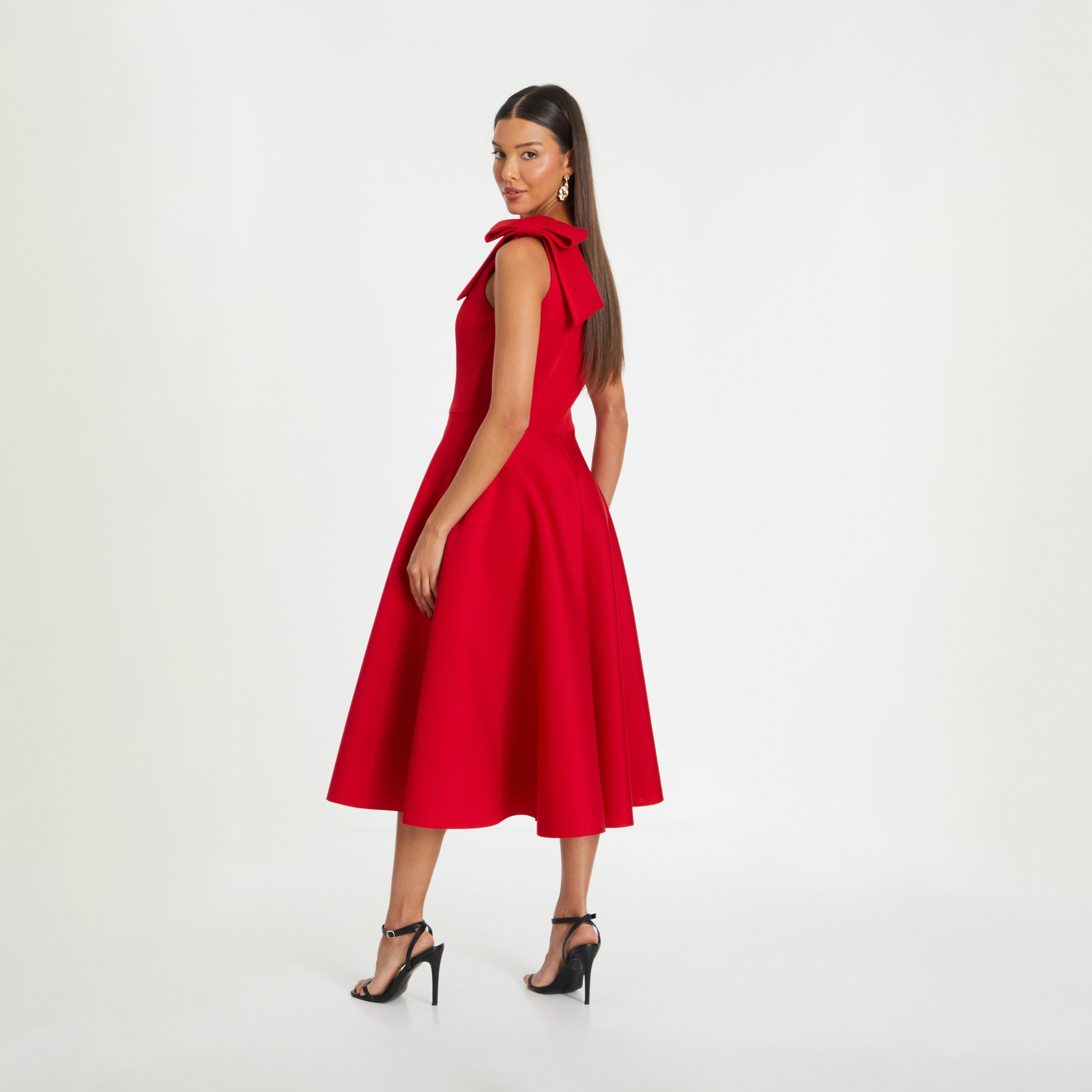 Quiz Red Scuba One Shoulder Bow Skater Evening Wear Midi Dress-women-clothing-dresses-image-3