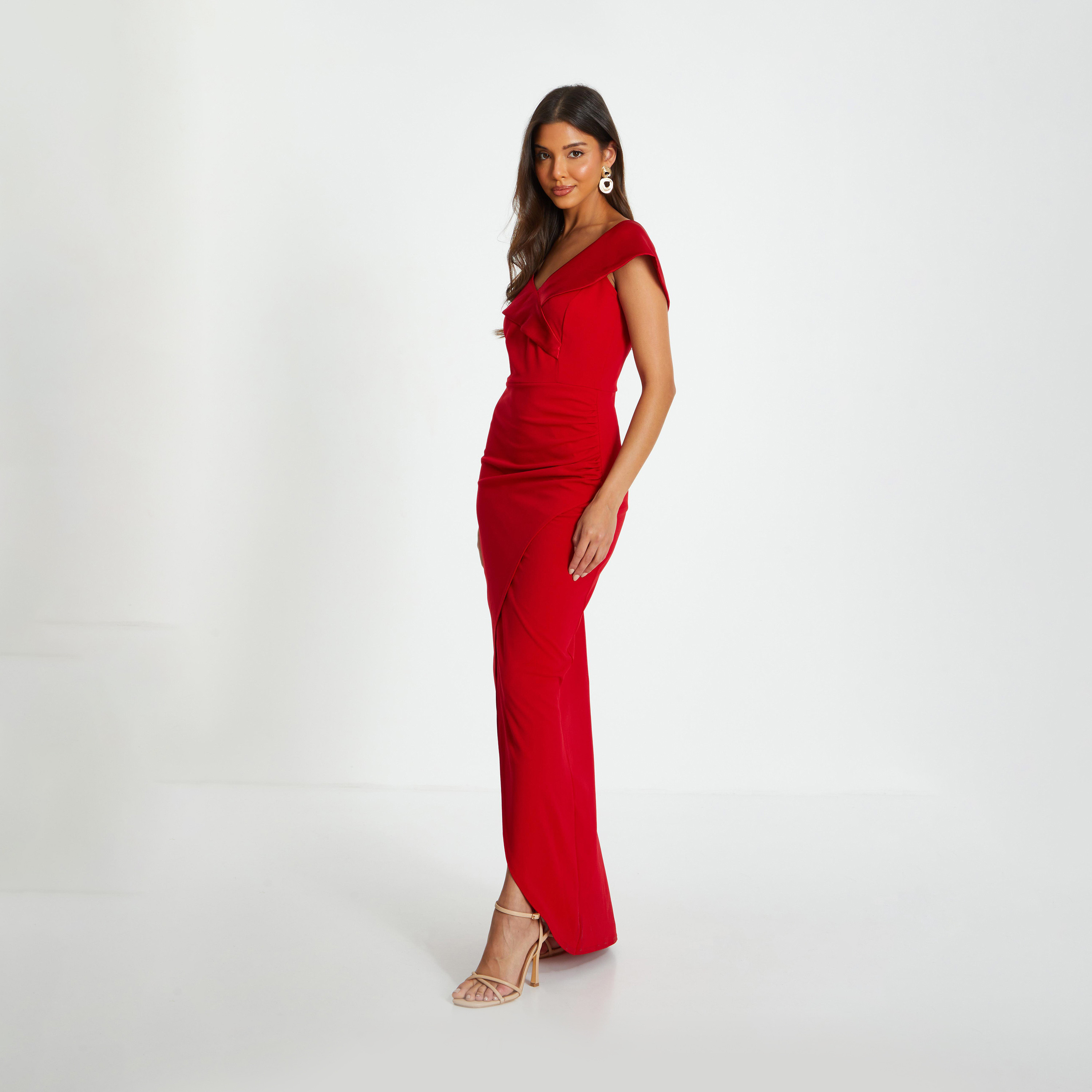 Quiz Red Scuba Crepe Satin Bardot Wrap Maxi Dress-women-clothing-dresses-image-3