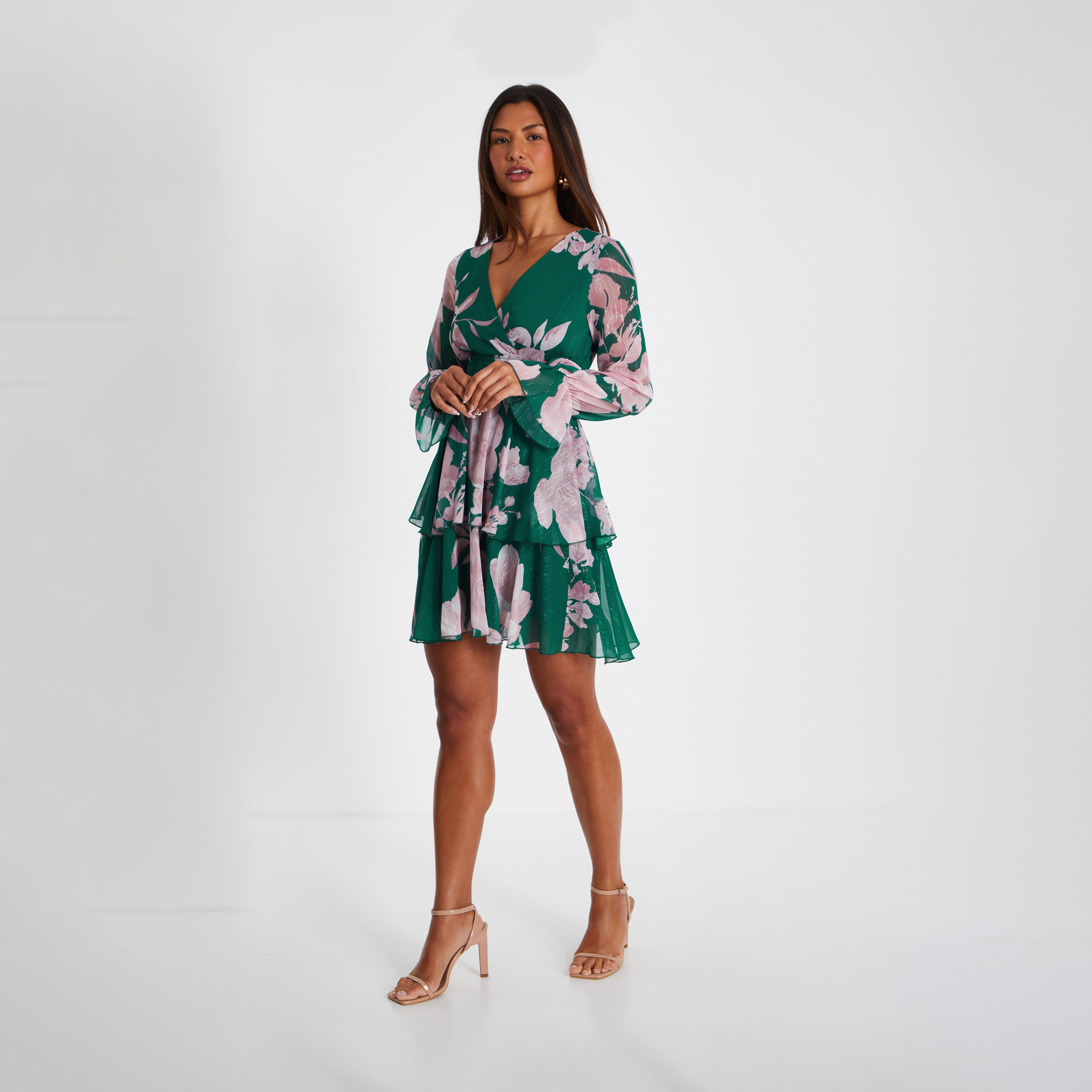 Quiz Bottle Green Chiffon Wrap Frill Long Sleeve Skater Dress-women-clothing-dresses-image-1