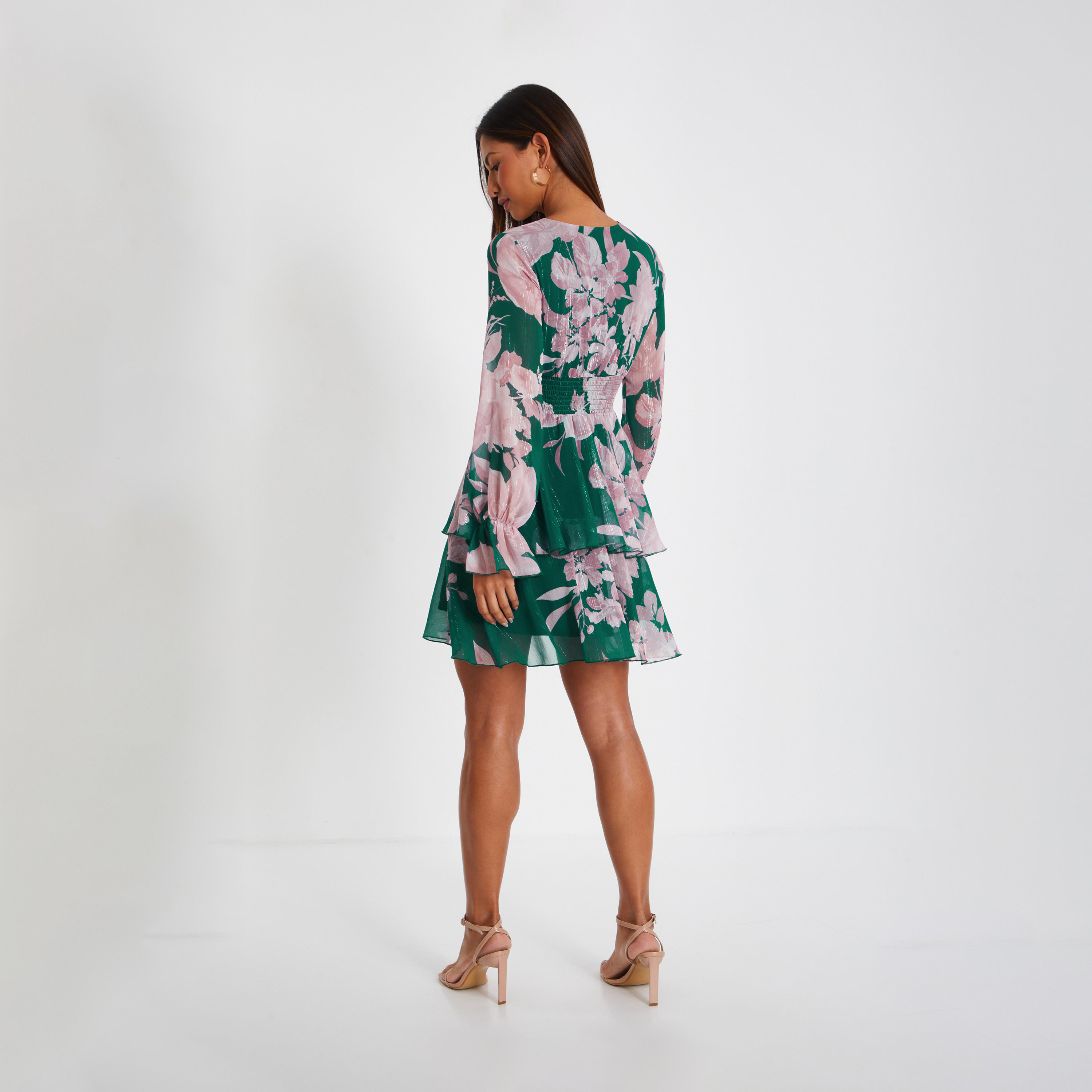 Quiz Bottle Green Chiffon Wrap Frill Long Sleeve Skater Dress-women-clothing-dresses-image-2