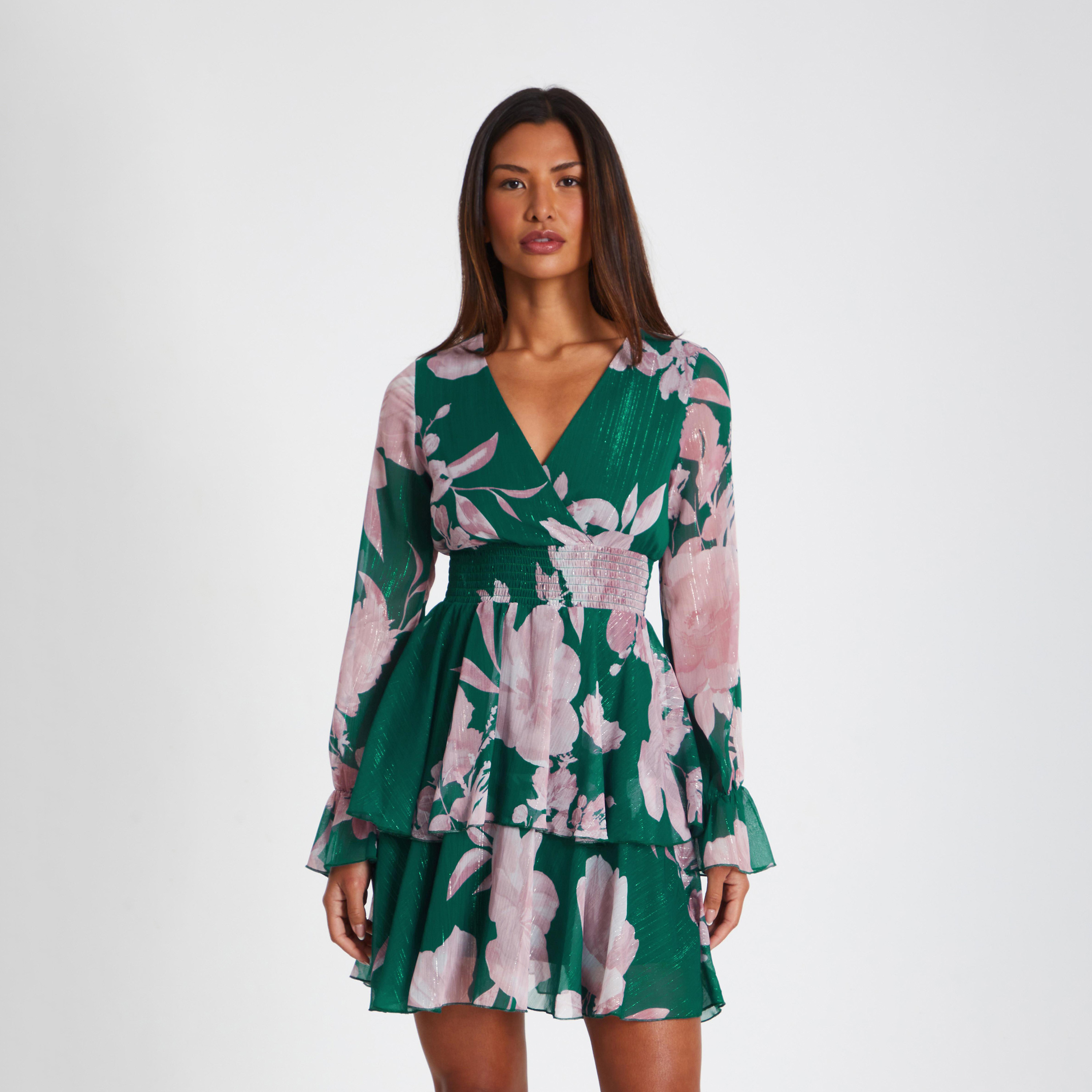 Quiz Bottle Green Chiffon Wrap Frill Long Sleeve Skater Dress-women-clothing-dresses-image-3