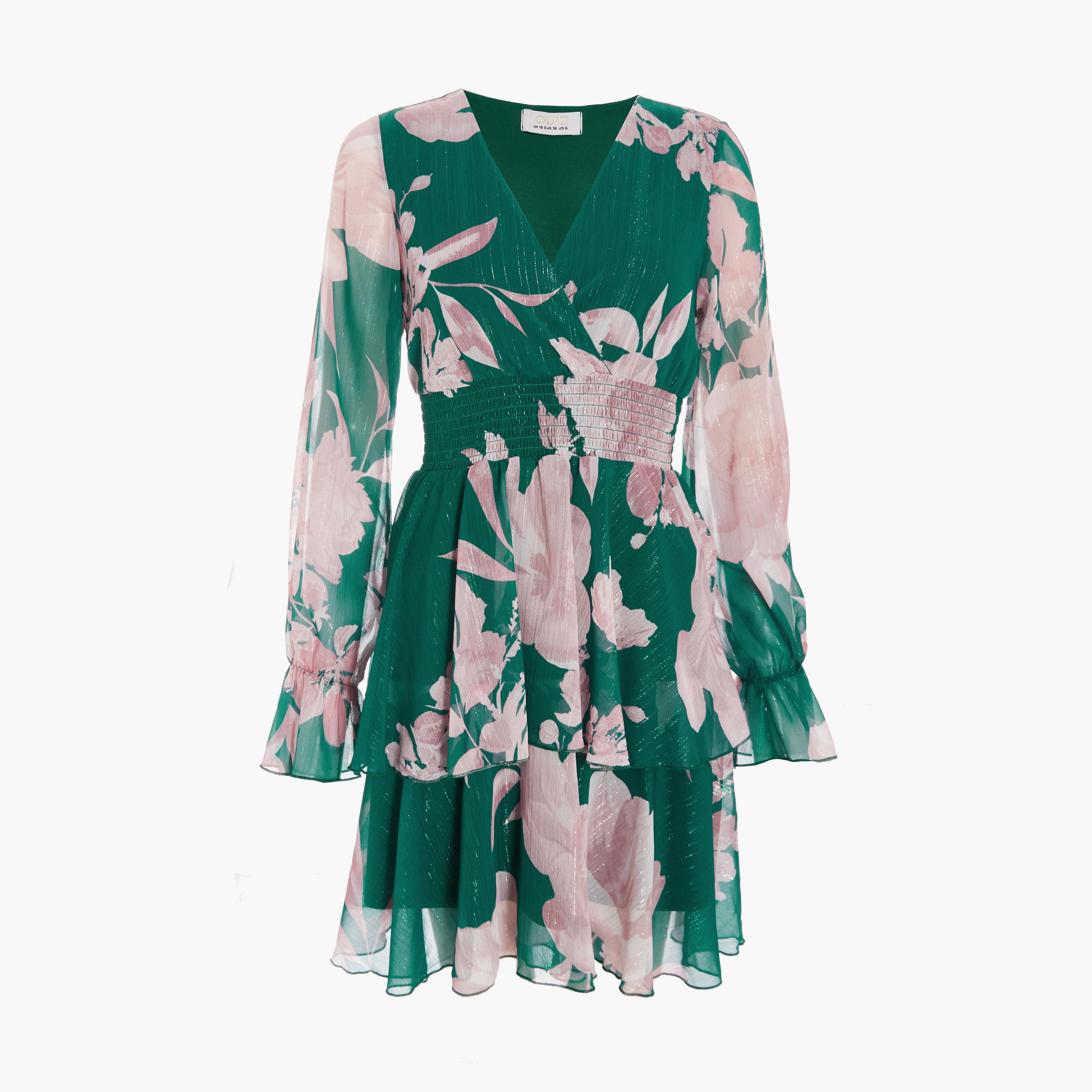 Quiz Bottle Green Chiffon Wrap Frill Long Sleeve Skater Dress-women-clothing-dresses-image-5