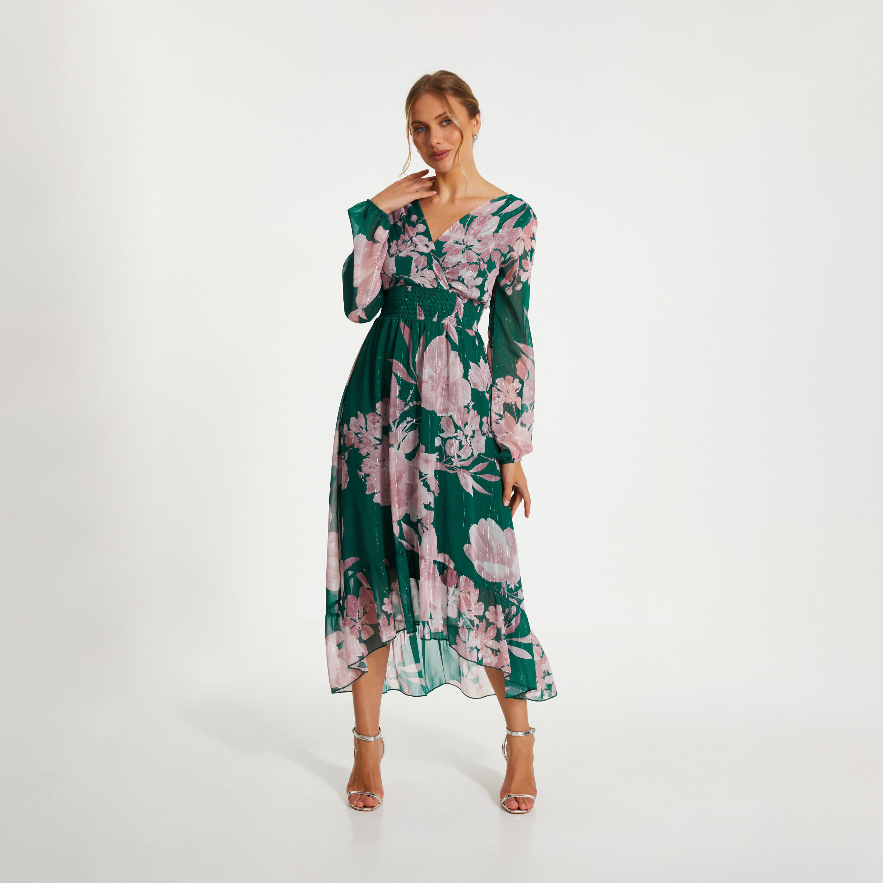 كويز- فستان سهرة أخضر شيفون ملفوف بأكمام طويلة وحاشية منخفضة-women-clothing-dresses-image-1