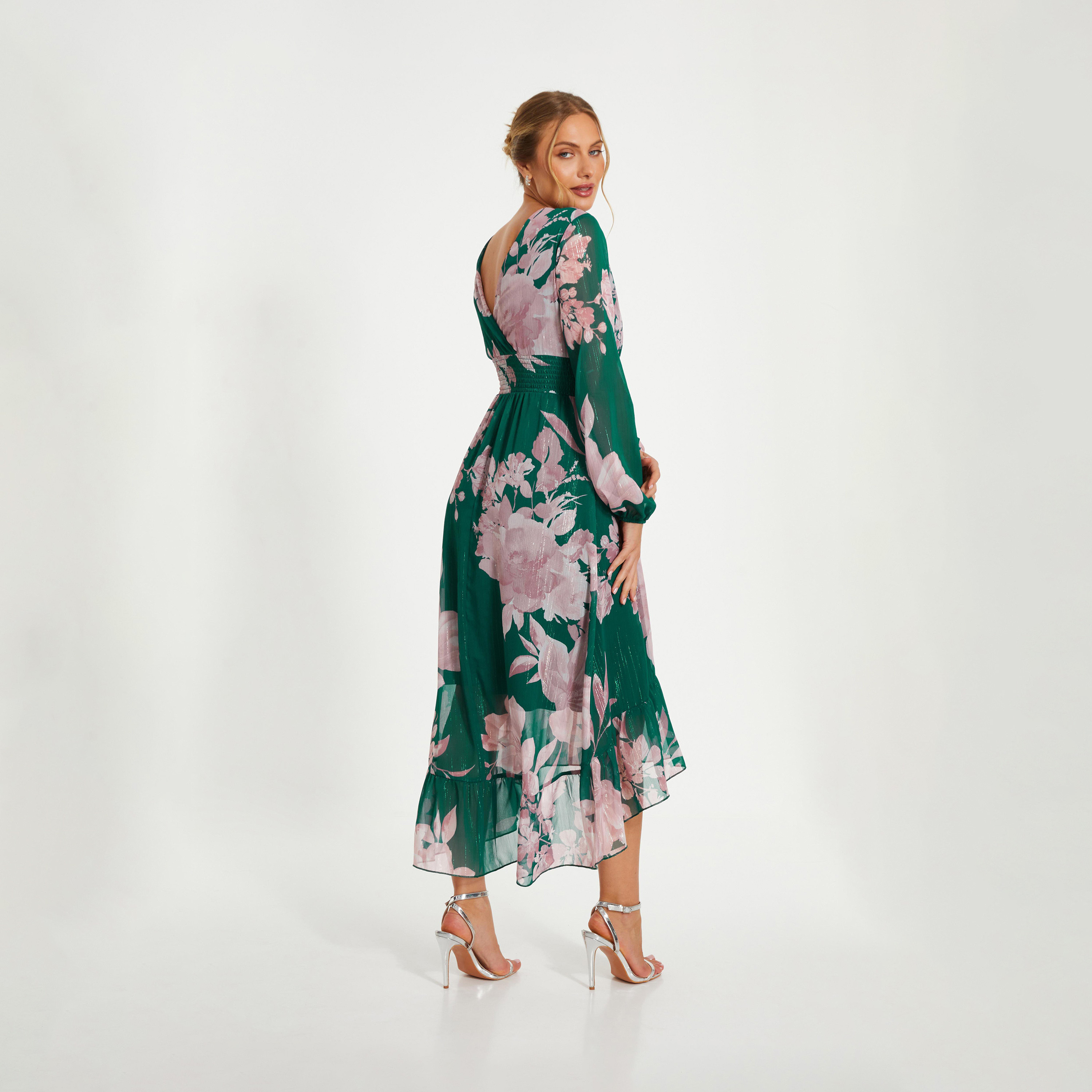 كويز- فستان سهرة أخضر شيفون ملفوف بأكمام طويلة وحاشية منخفضة-women-clothing-dresses-image-2