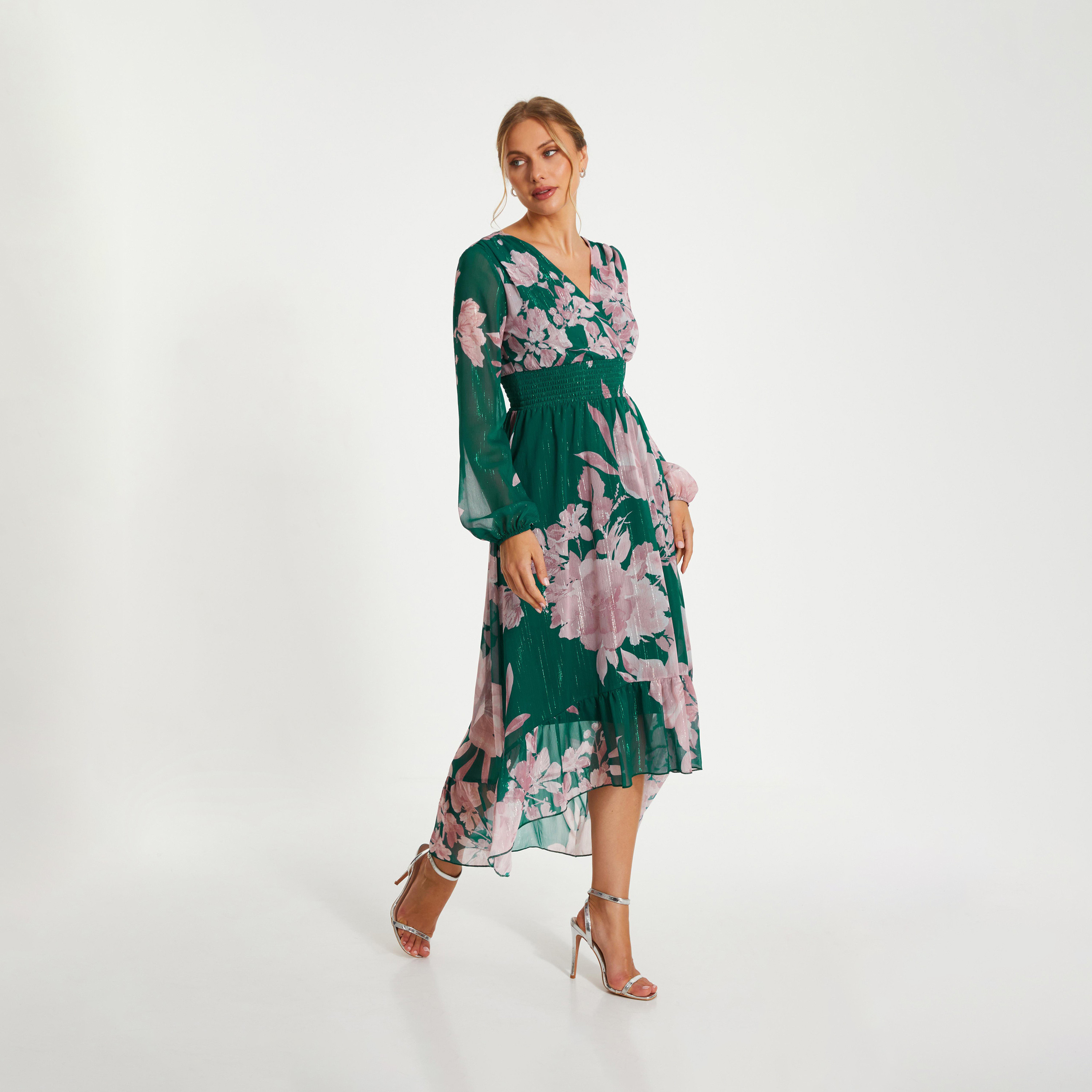 كويز- فستان سهرة أخضر شيفون ملفوف بأكمام طويلة وحاشية منخفضة-women-clothing-dresses-image-3
