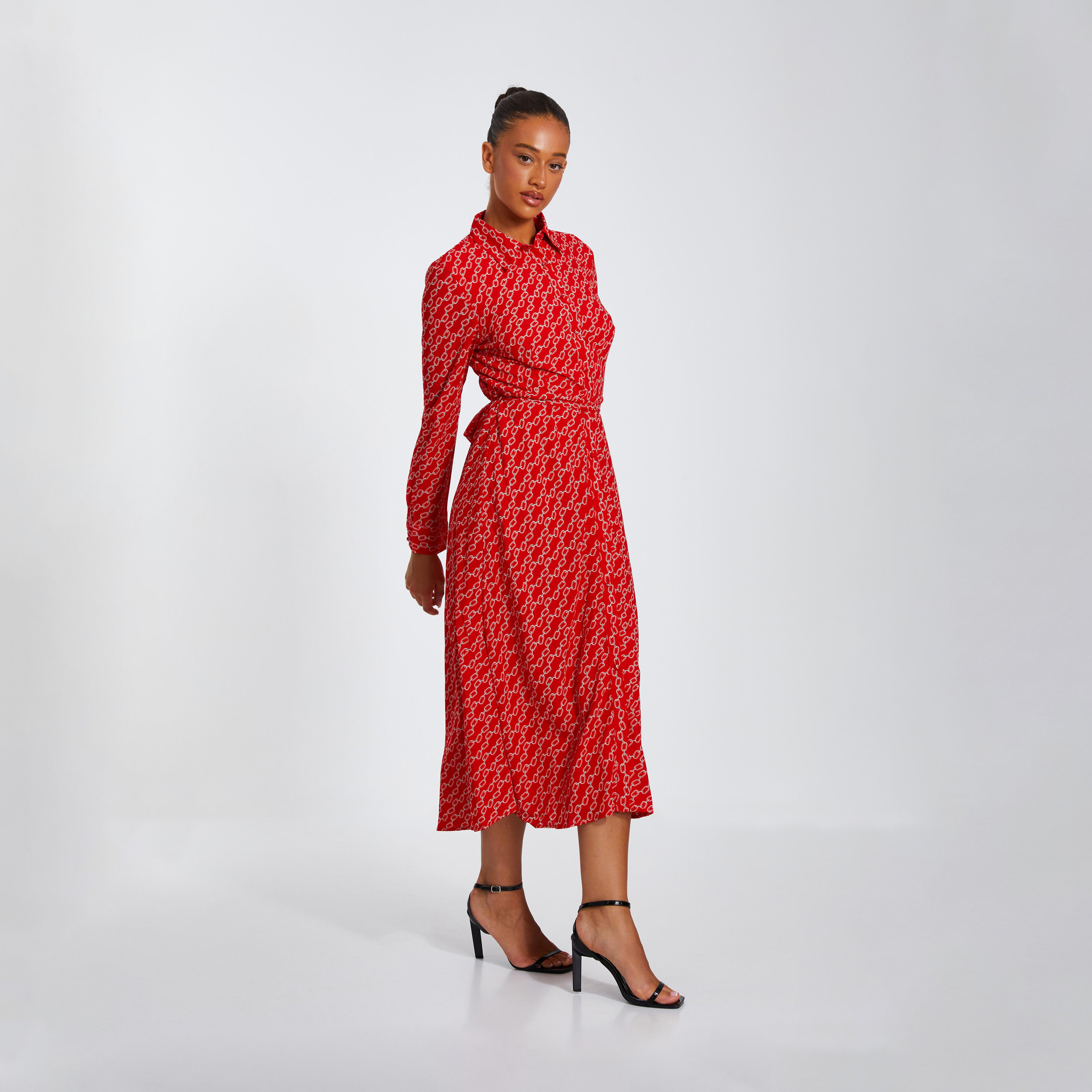 Quiz Red Chain Print Chiffon Midi Shirt Dress-women-clothing-dresses-image-3