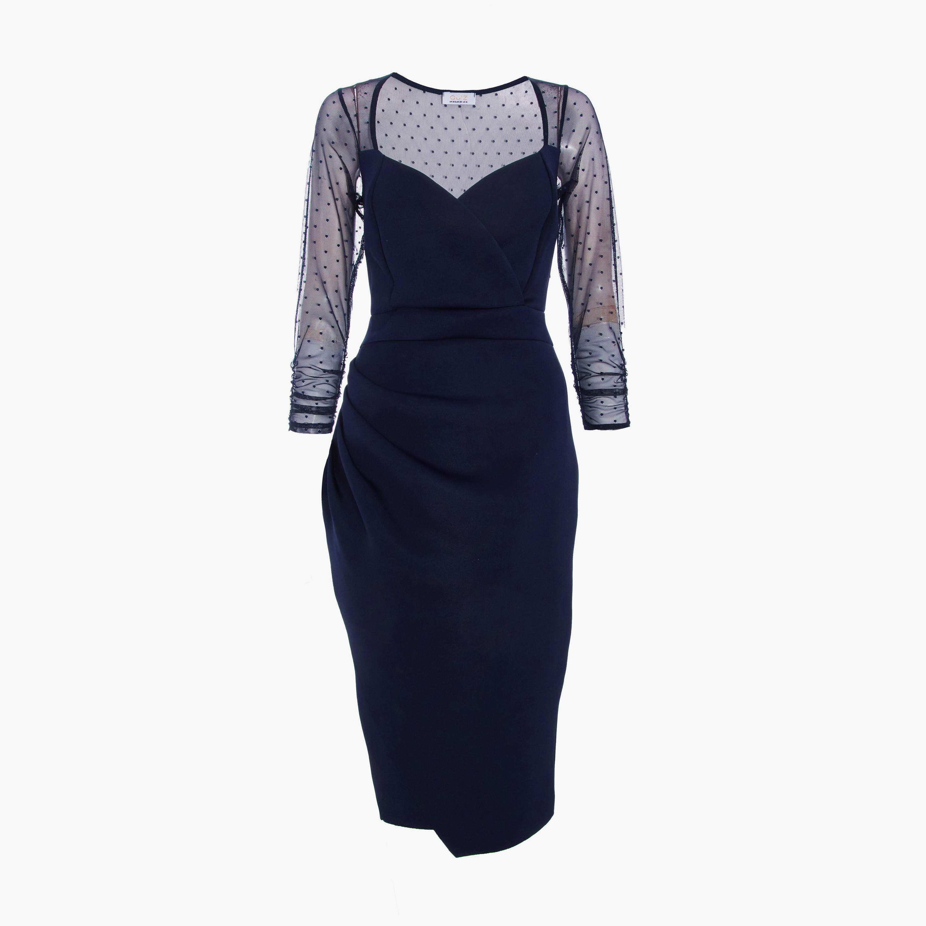 Quiz Navy Scuba Sweetheart Bodycon Midi Dress with Mesh Polka Dot Sleeves-women-clothing-dresses-image-5