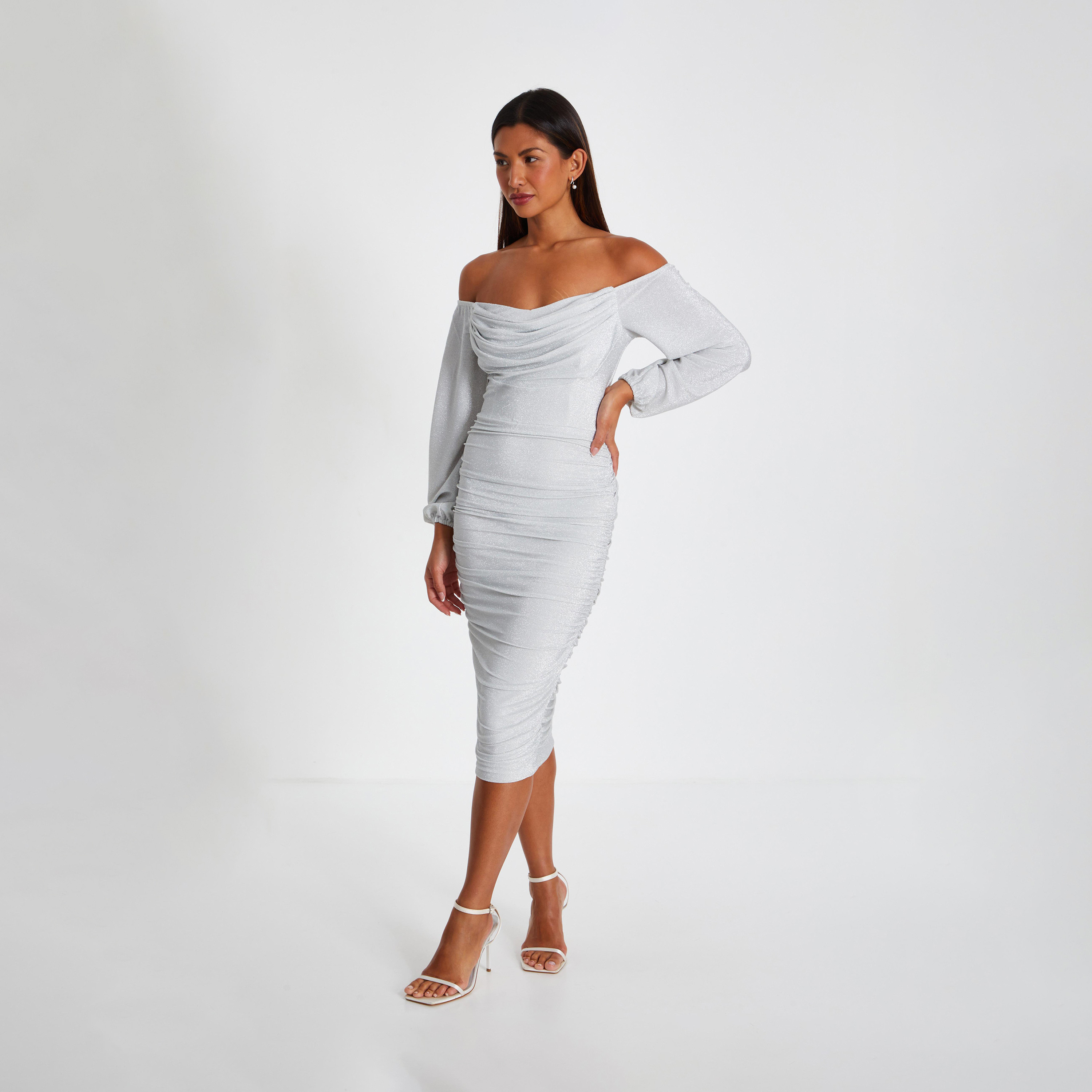 Quiz Silver Stretch Shimmer Cowl Bardot Midi Dress-women-clothing-dresses-image-3