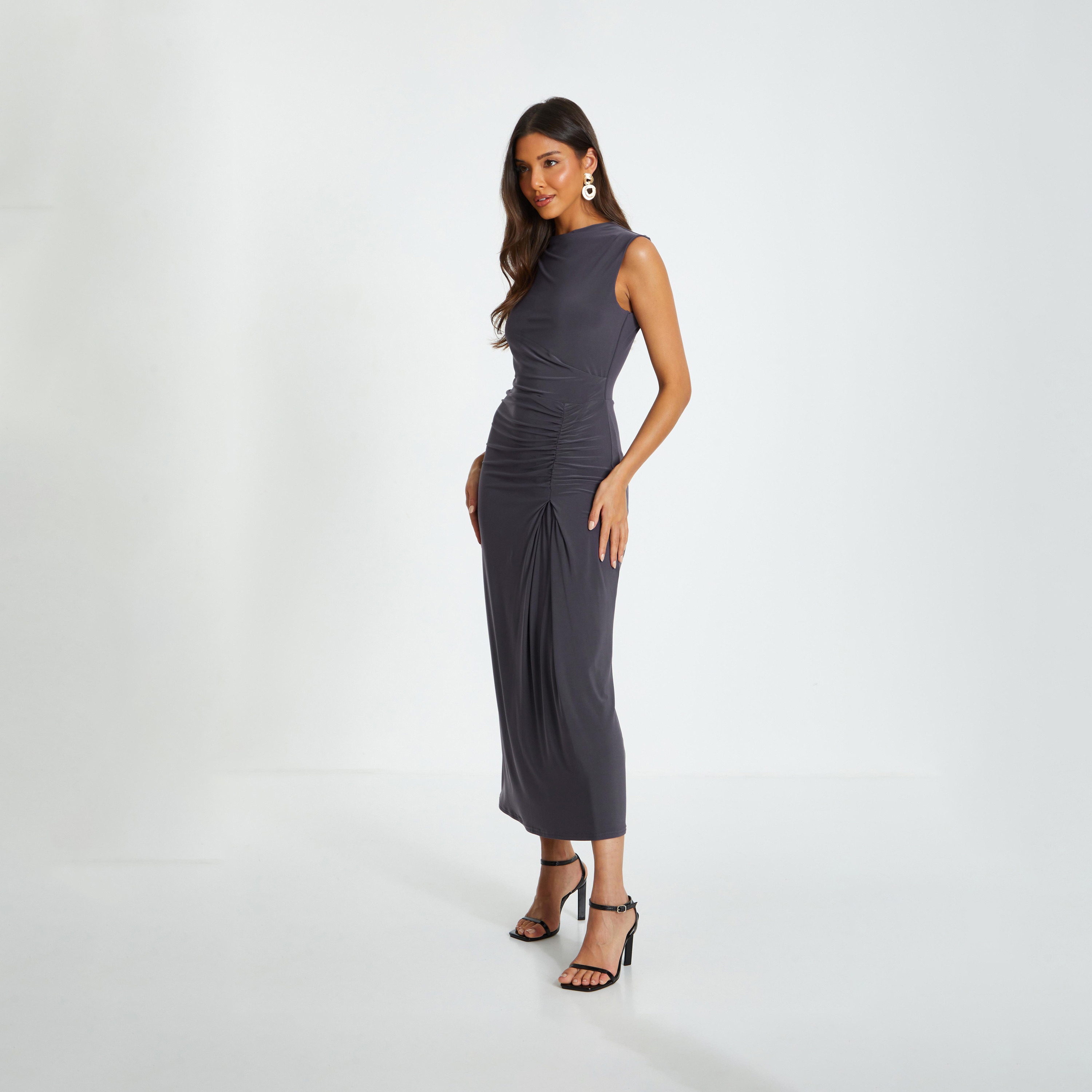 Quiz Charcoal Sleeveless ITY Ruched Midaxi Dress-women-clothing-dresses-image-3