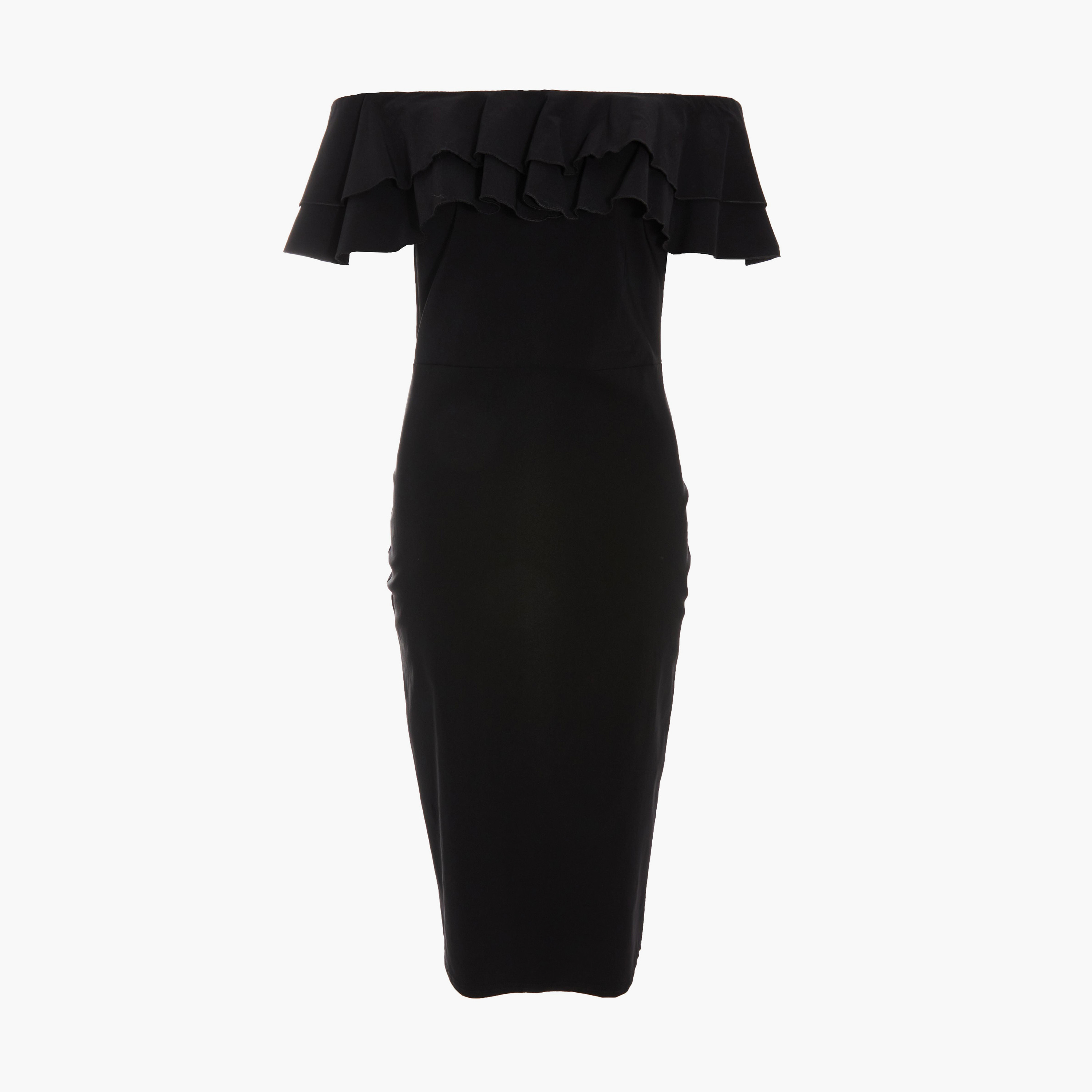 كويز- فستان ميدي ضيق من قماش البنغال الأسود مع كشكشة-women-clothing-dresses-image-5