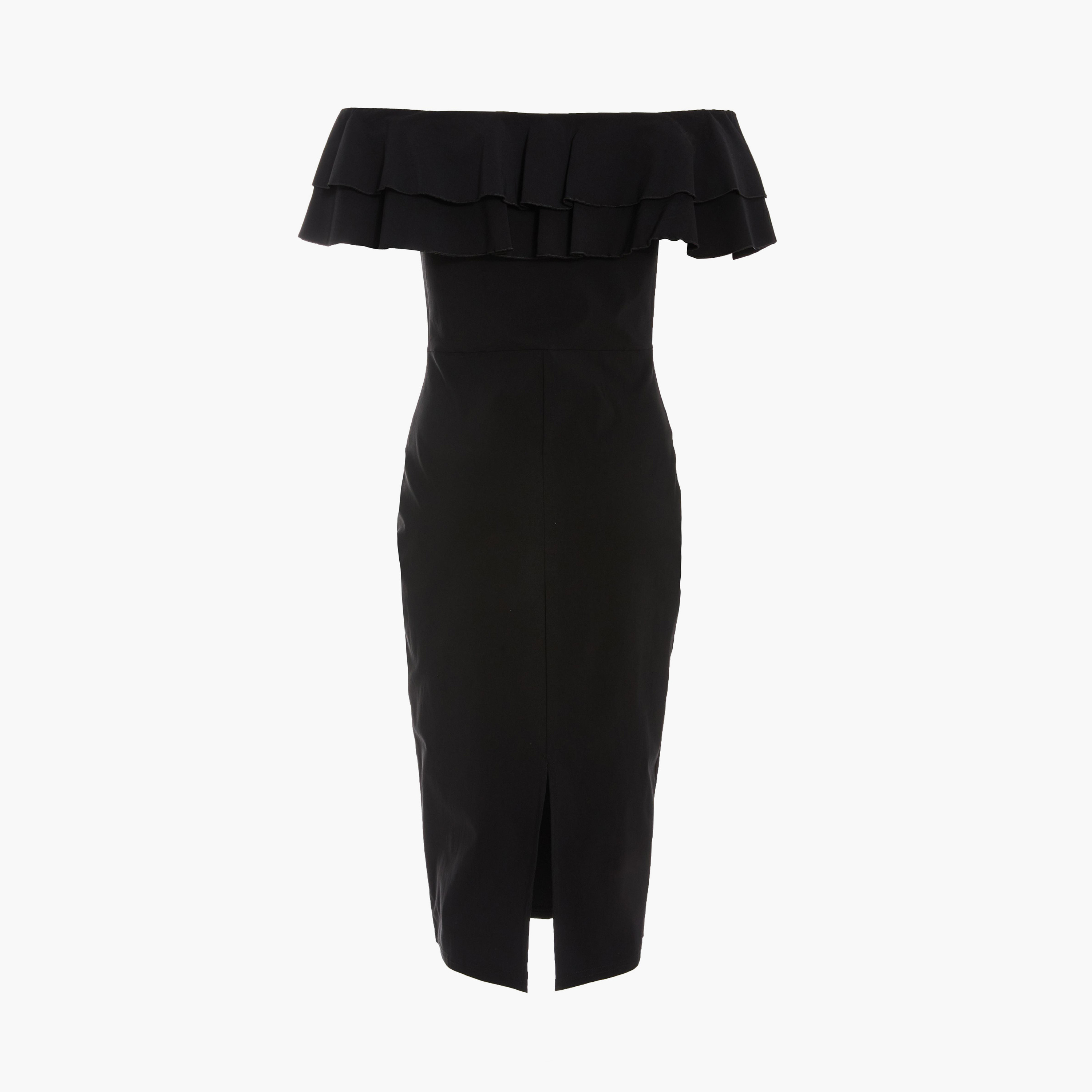 Quiz Black Bengaline Ruffle Bardot Midi Bodycon Dress-women-clothing-dresses-image-6