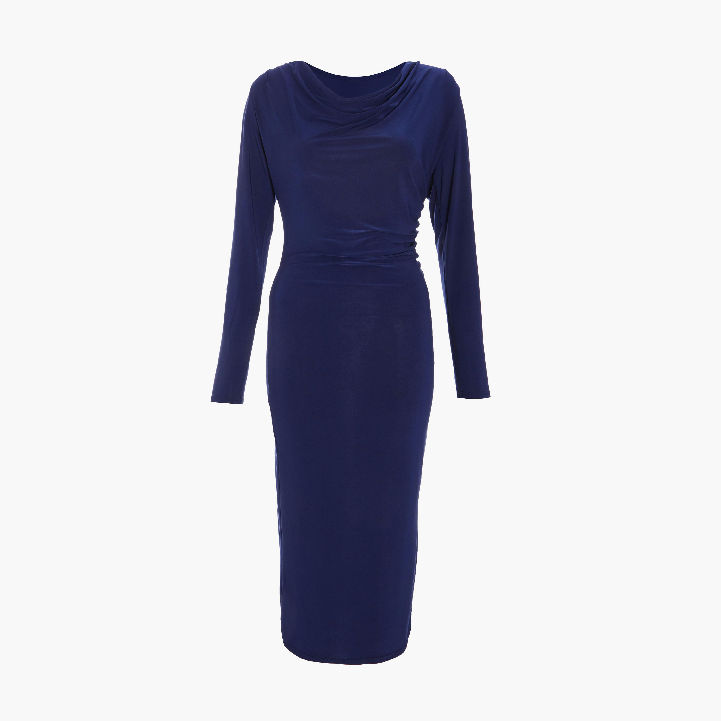 كويز- فستان ميدي بثنيات باللون النيلي وأكمام طويلة-women-clothing-dresses-image-5