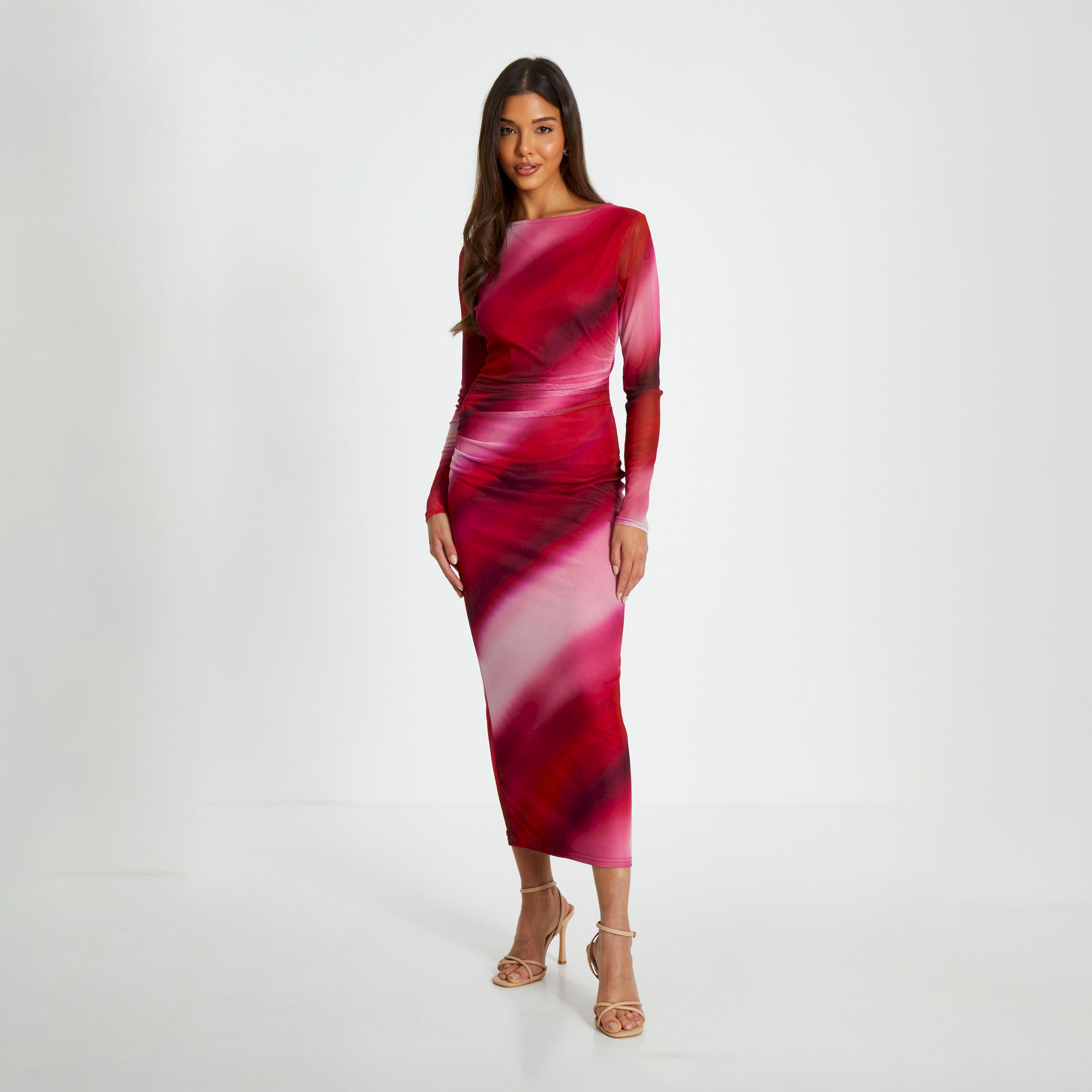 كويز- فستان ميداكسي مخطط بلون وردي متدرج بأكمام طويلة-women-clothing-dresses-image-1