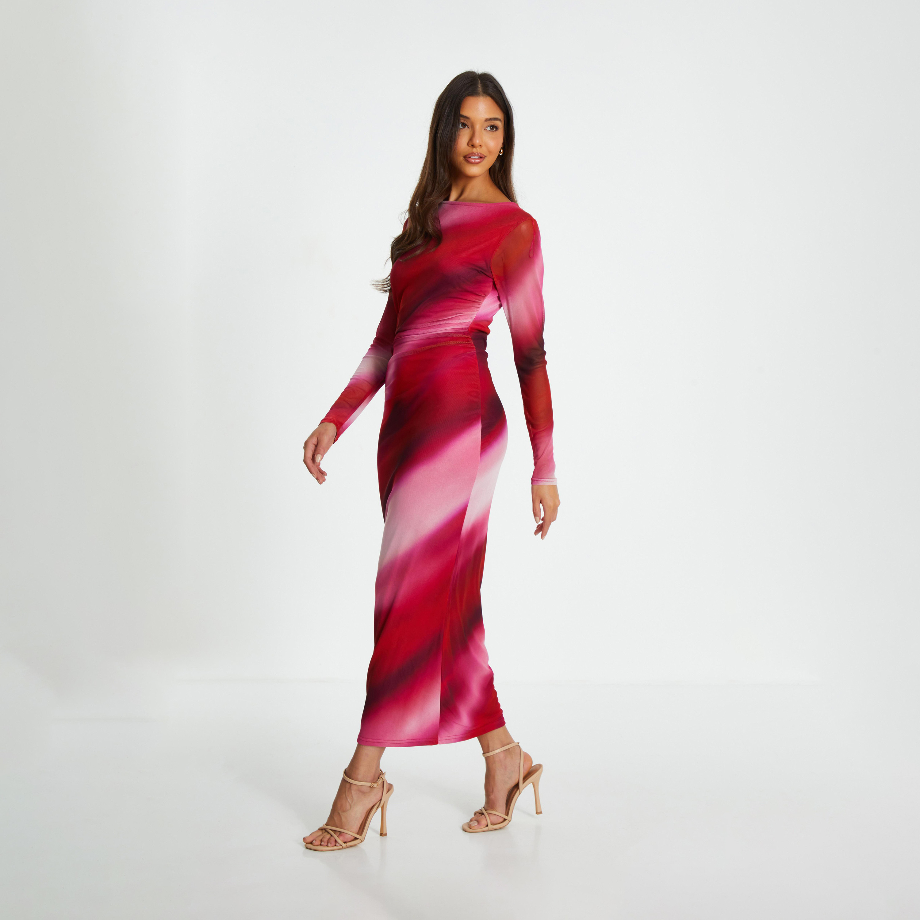 كويز- فستان ميداكسي مخطط بلون وردي متدرج بأكمام طويلة-women-clothing-dresses-image-3