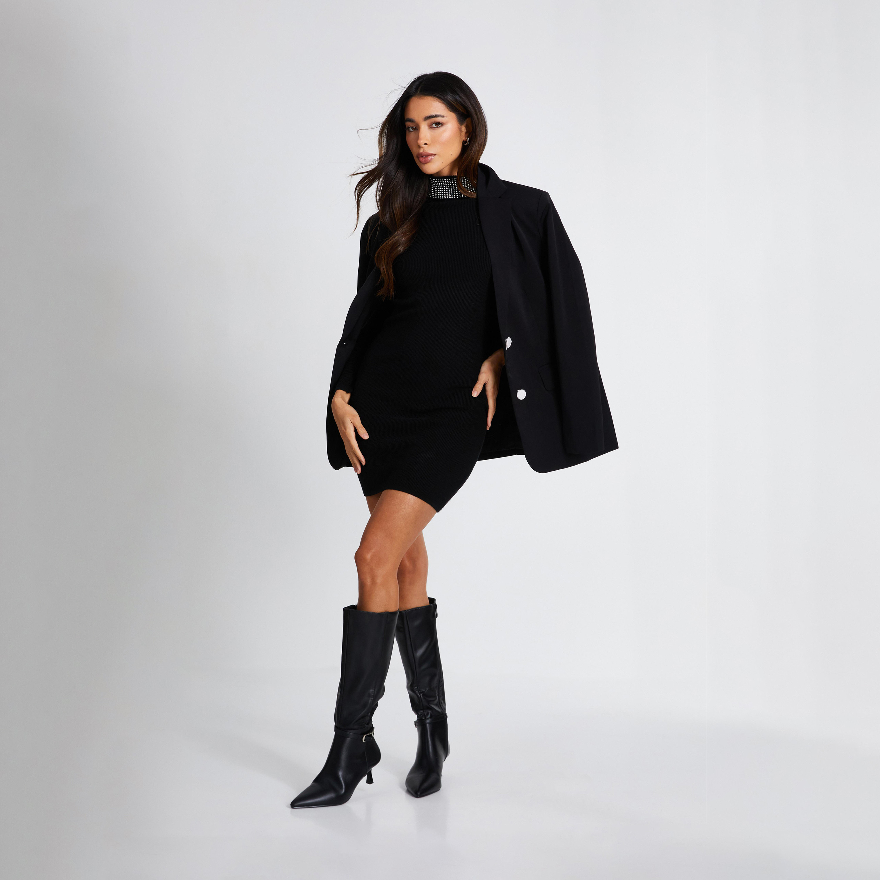 Quiz Black Diamante Stud Roll Neck Dress-women-clothing-dresses-image-2