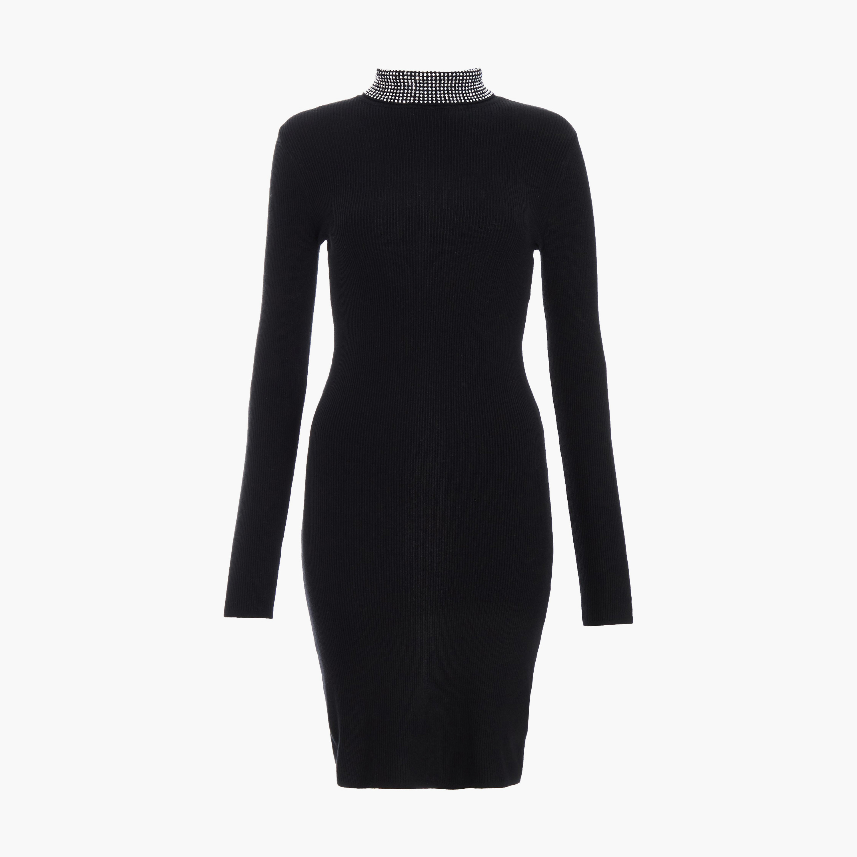 كويز-  فستان أسود مرصع بالماس ورقبة مدورة-women-clothing-dresses-image-5