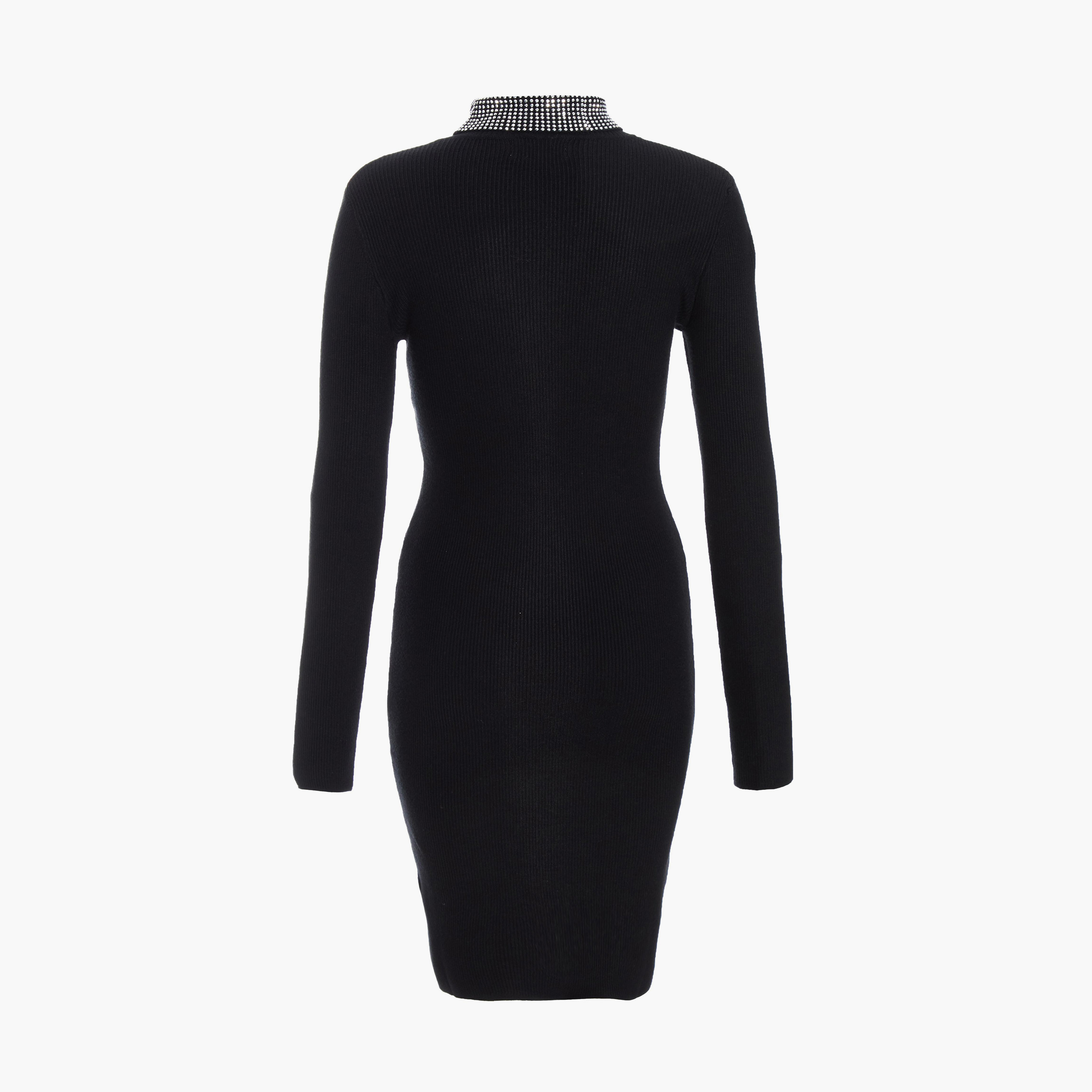 كويز-  فستان أسود مرصع بالماس ورقبة مدورة-women-clothing-dresses-image-6