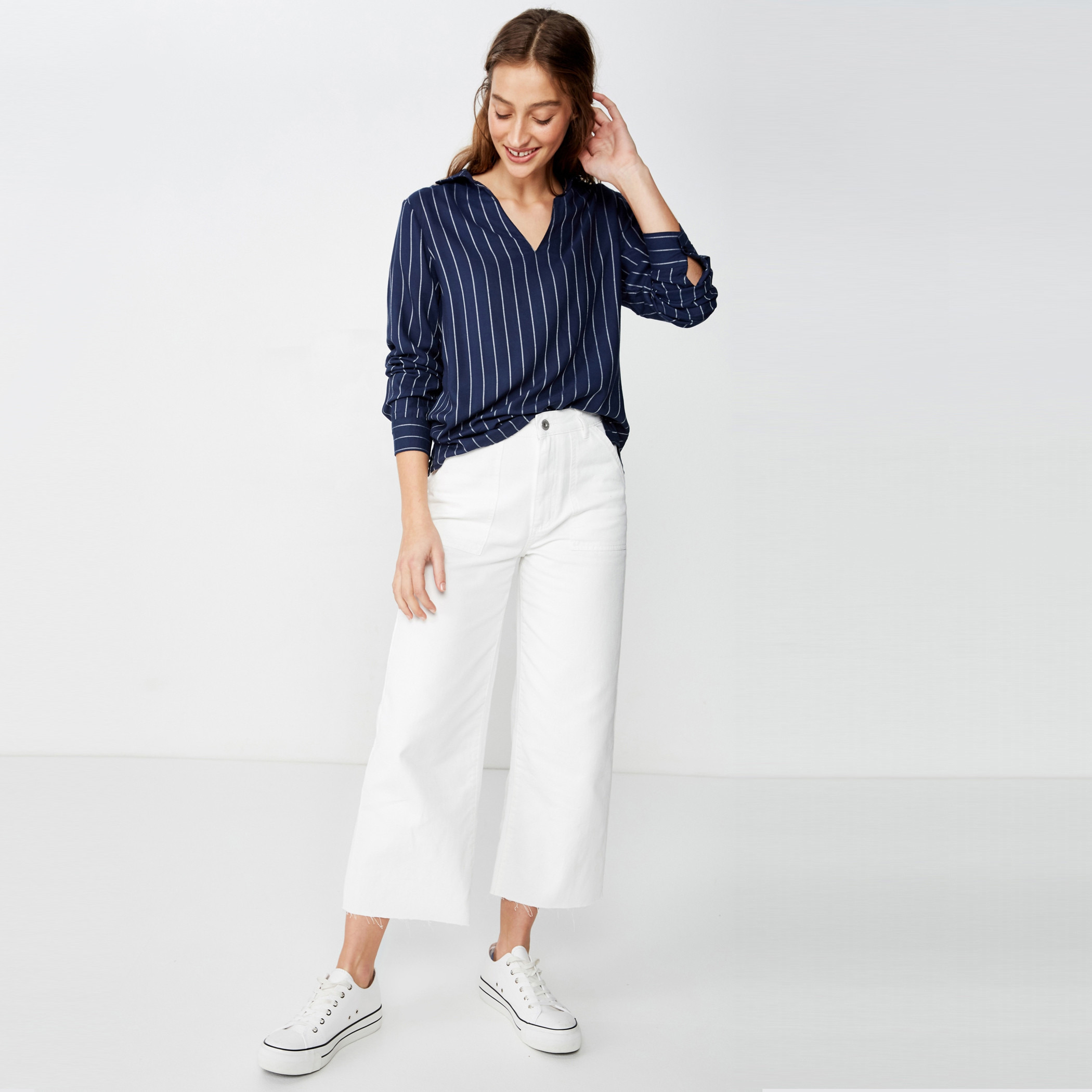 Cotton On Striped Shirt with V-neck and Long Sleeves-women-clothing-shirtsandblouses-blouses-image-3