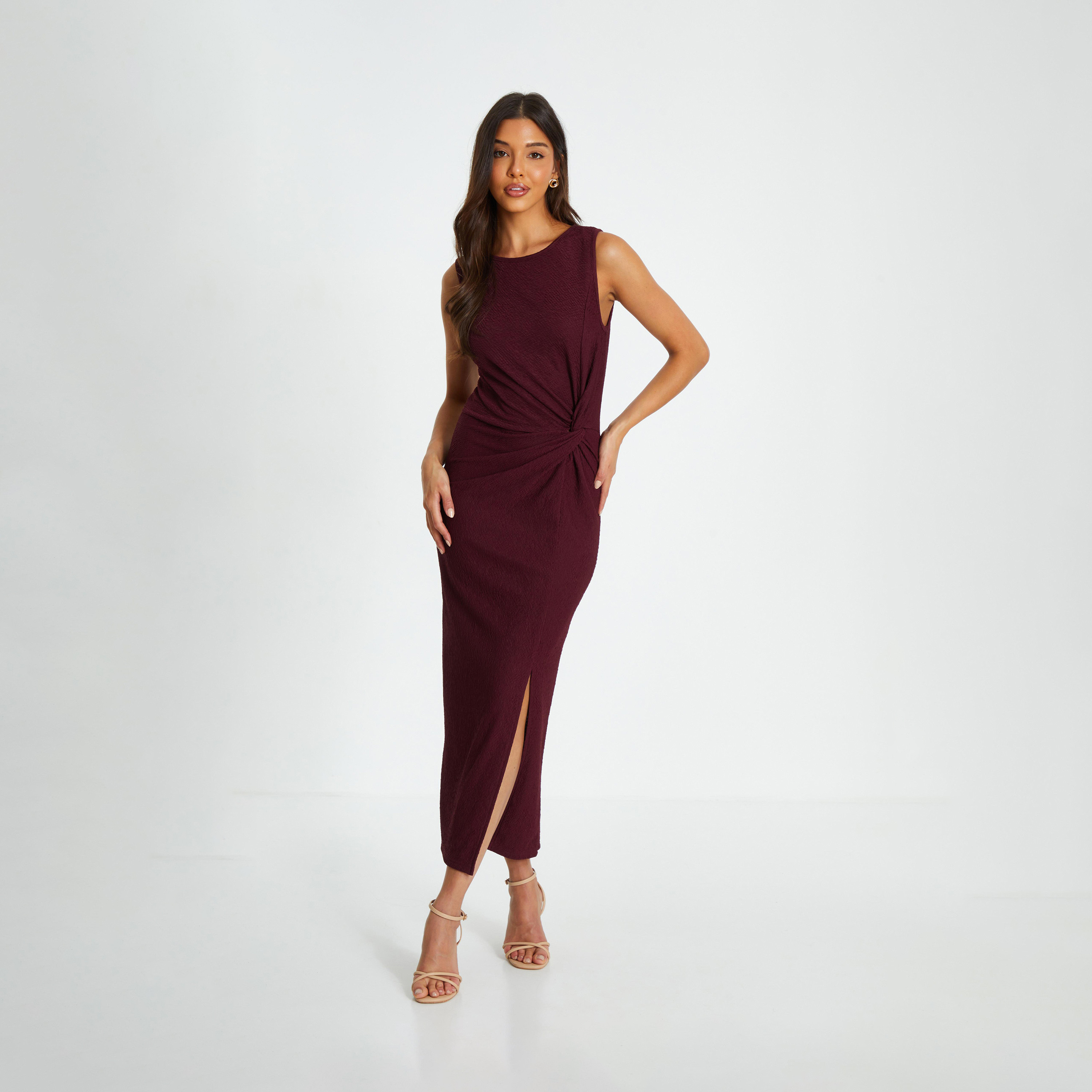 Quiz Wine Textured Round Neck Sleeveless Knit Front Midaxi Dress-women-clothing-dresses-image-1