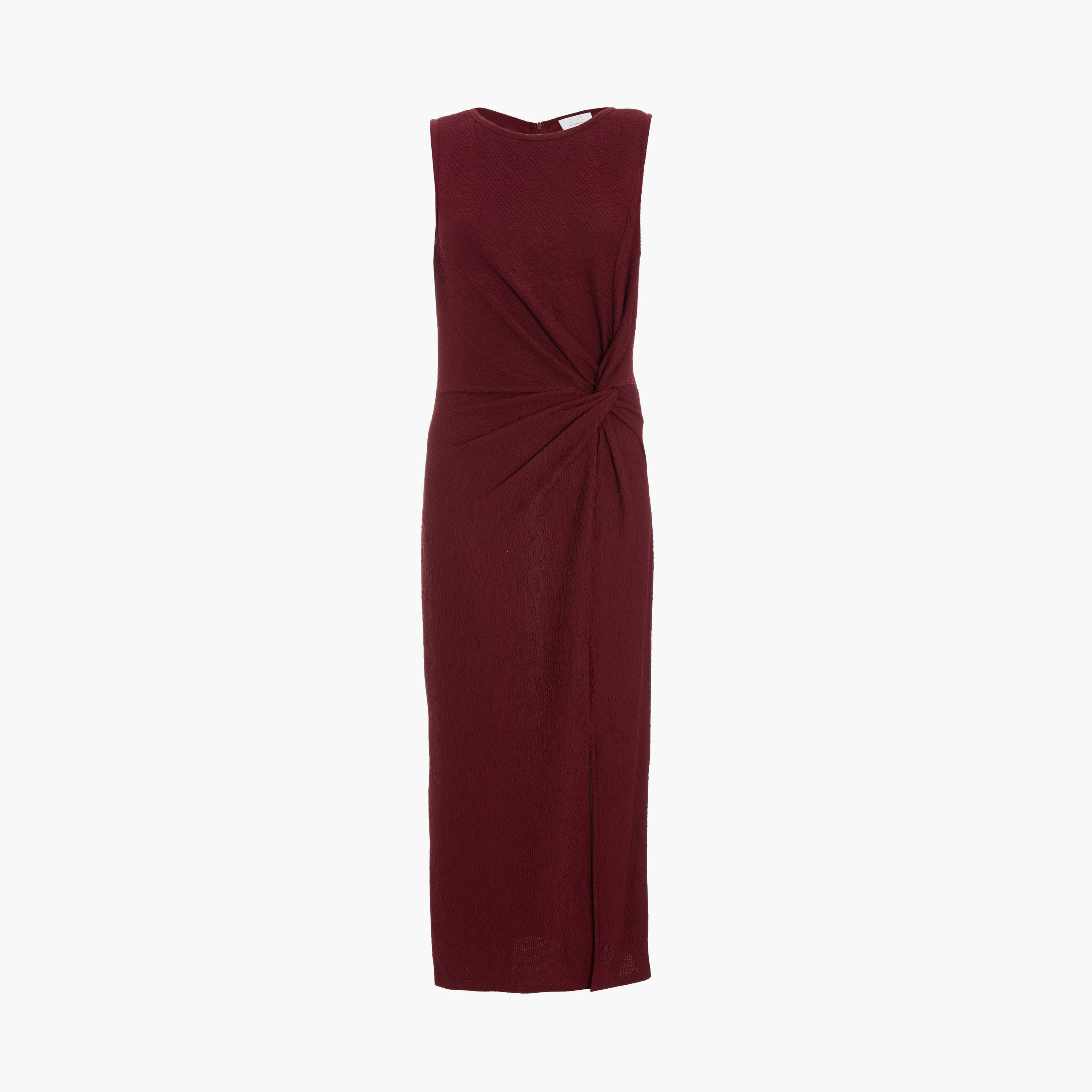 كويز- فستان ميدي بقصّة باردو من قماش الكريب باللون النبيذي مع تفاصيل مشد من الأمام-women-clothing-dresses-image-5