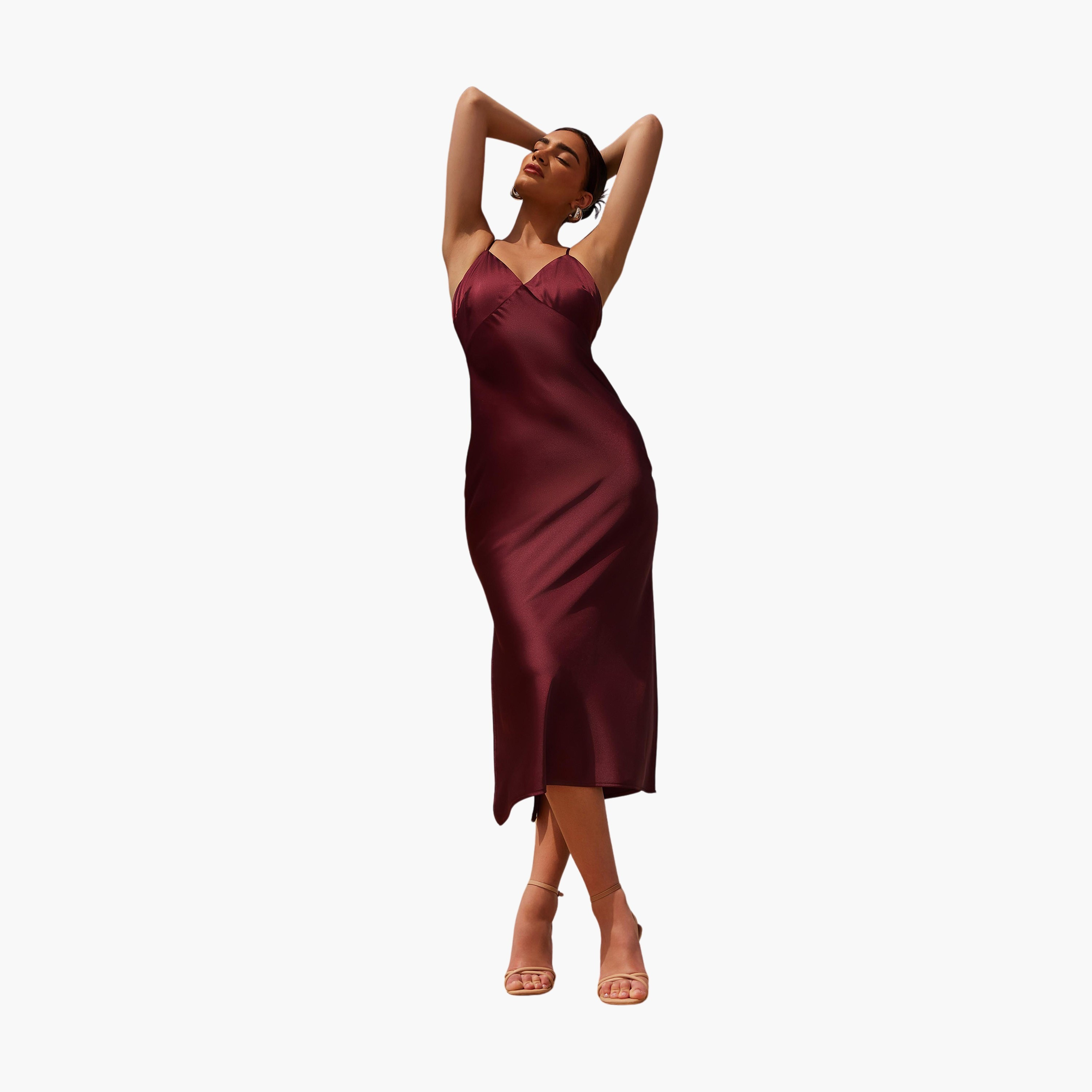 كويز-  فستان سهرة ميداكسي من الساتان  لون خمري بفتحة على شكل حرف V-women-clothing-dresses-image-1
