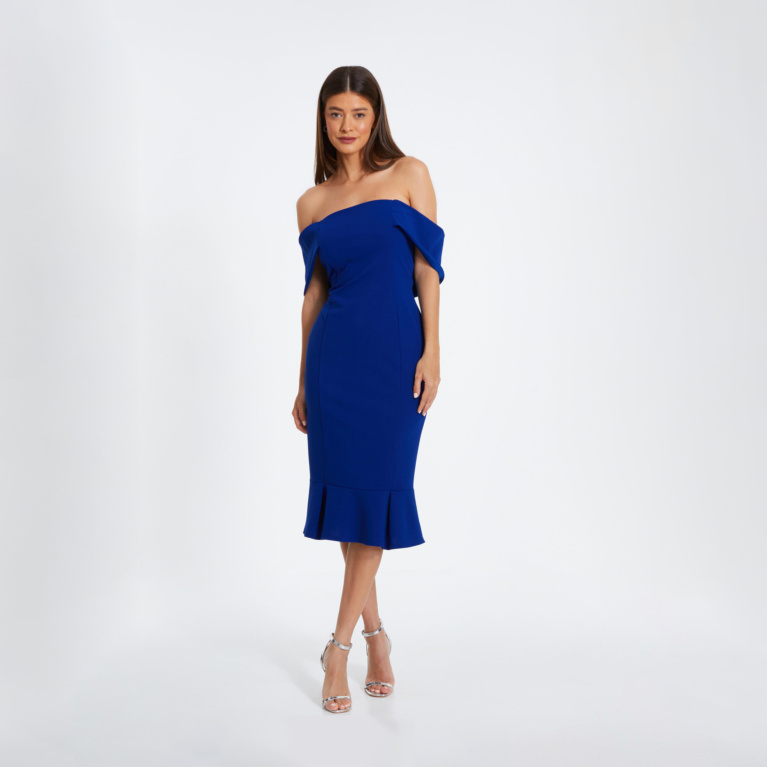 Quiz Bardot Midi Dress with Frilled Hem in Royal Blue-women-clothing-dresses-image-1