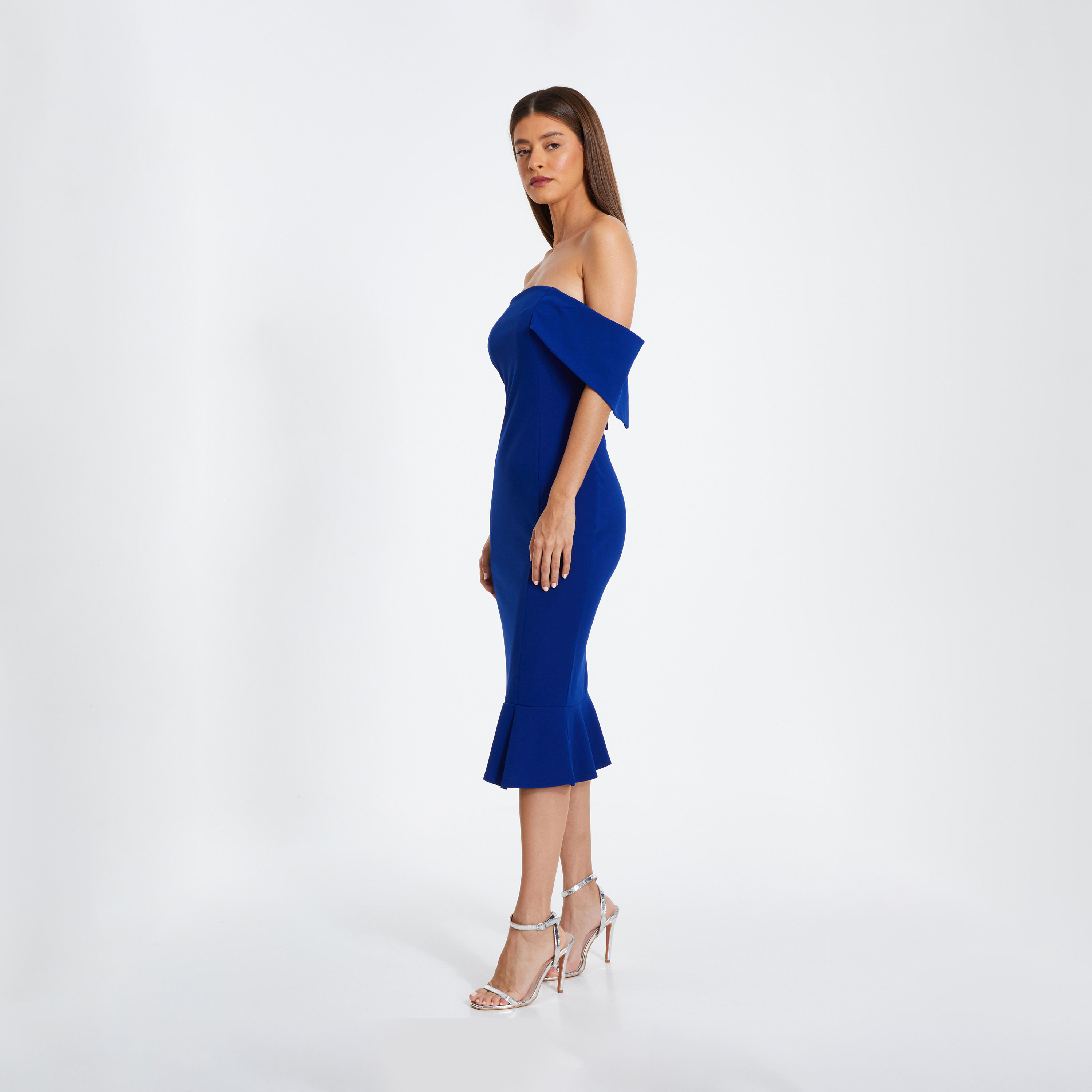 Quiz Bardot Midi Dress with Frilled Hem in Royal Blue-women-clothing-dresses-image-3