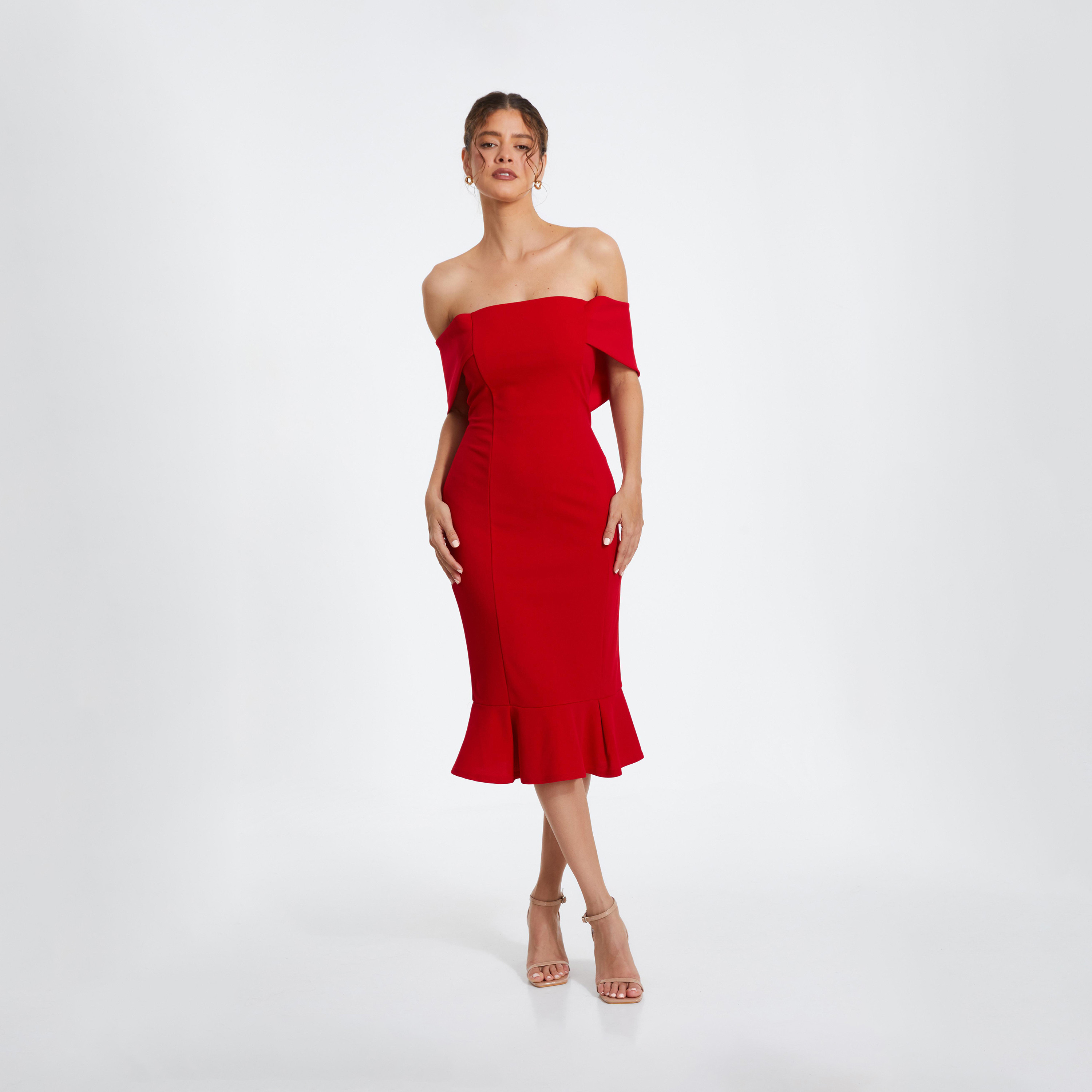 كويز-  فستان أحمر باردو متوسط ​​الطول بحاشية مكشكشة-women-clothing-dresses-image-1