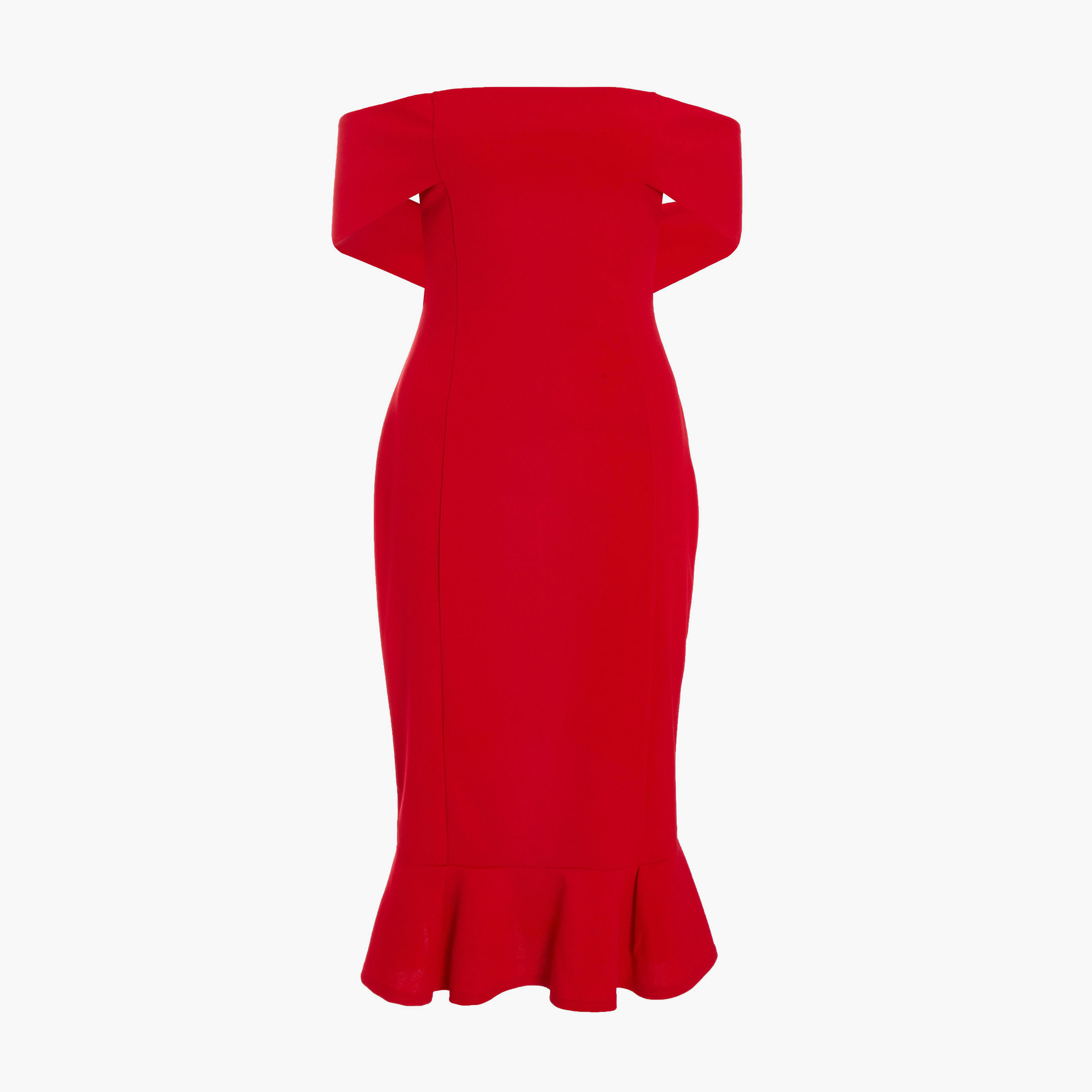 كويز-  فستان أحمر باردو متوسط ​​الطول بحاشية مكشكشة-women-clothing-dresses-image-3