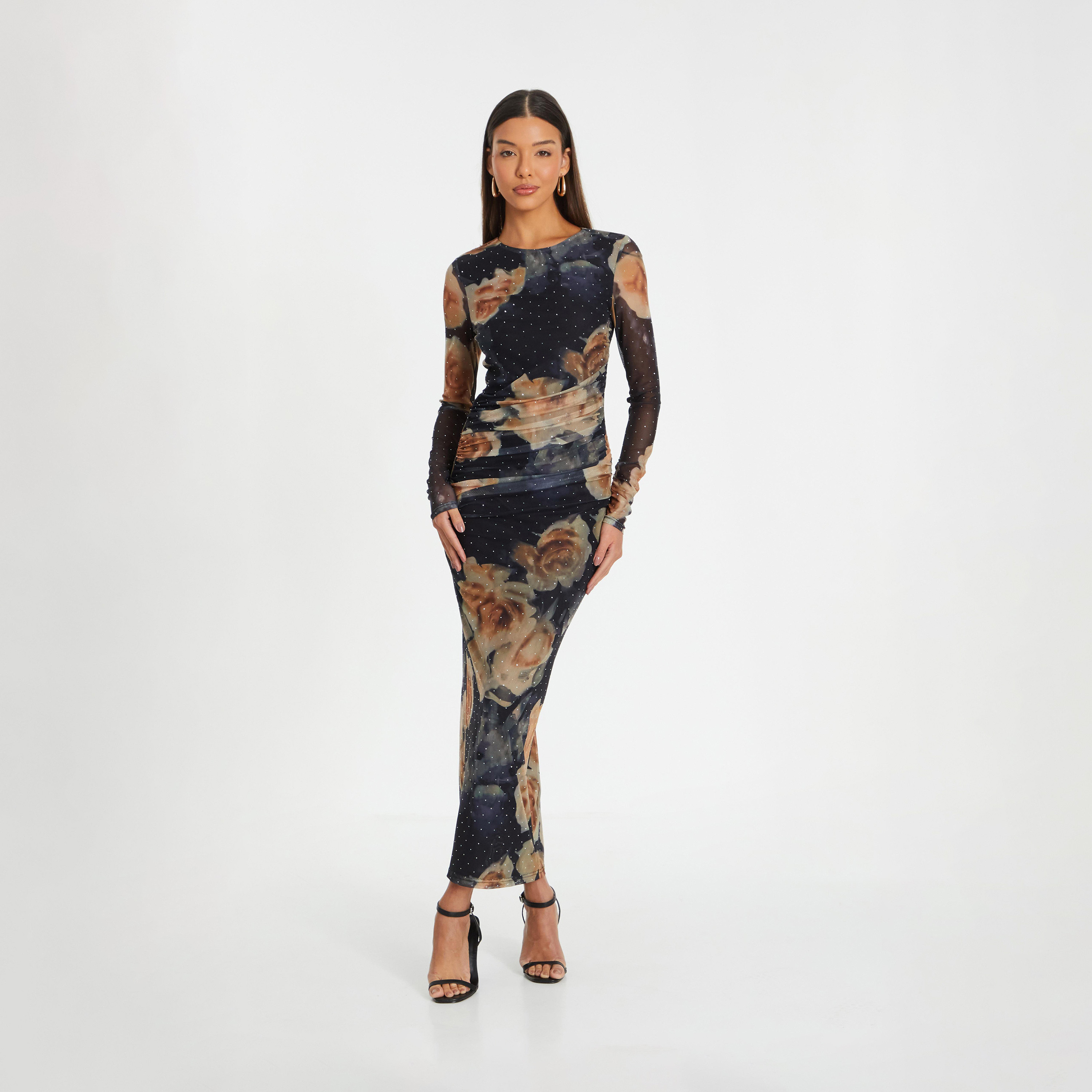 Quiz Black Floral Rhinestone Mesh Round Neck Evening Midaxi Dress-women-clothing-dresses-image-1