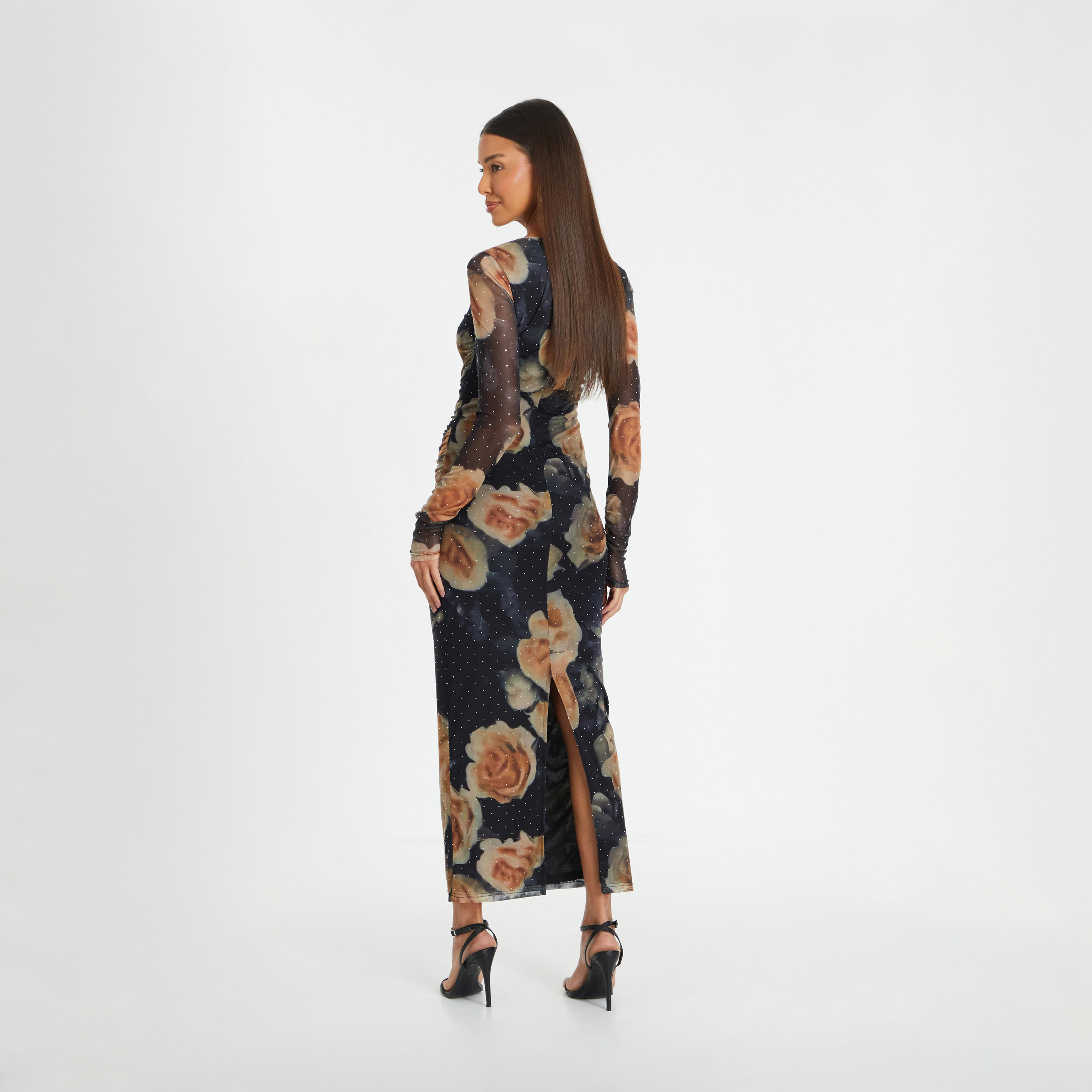 Quiz Black Floral Rhinestone Mesh Round Neck Evening Midaxi Dress-women-clothing-dresses-image-2