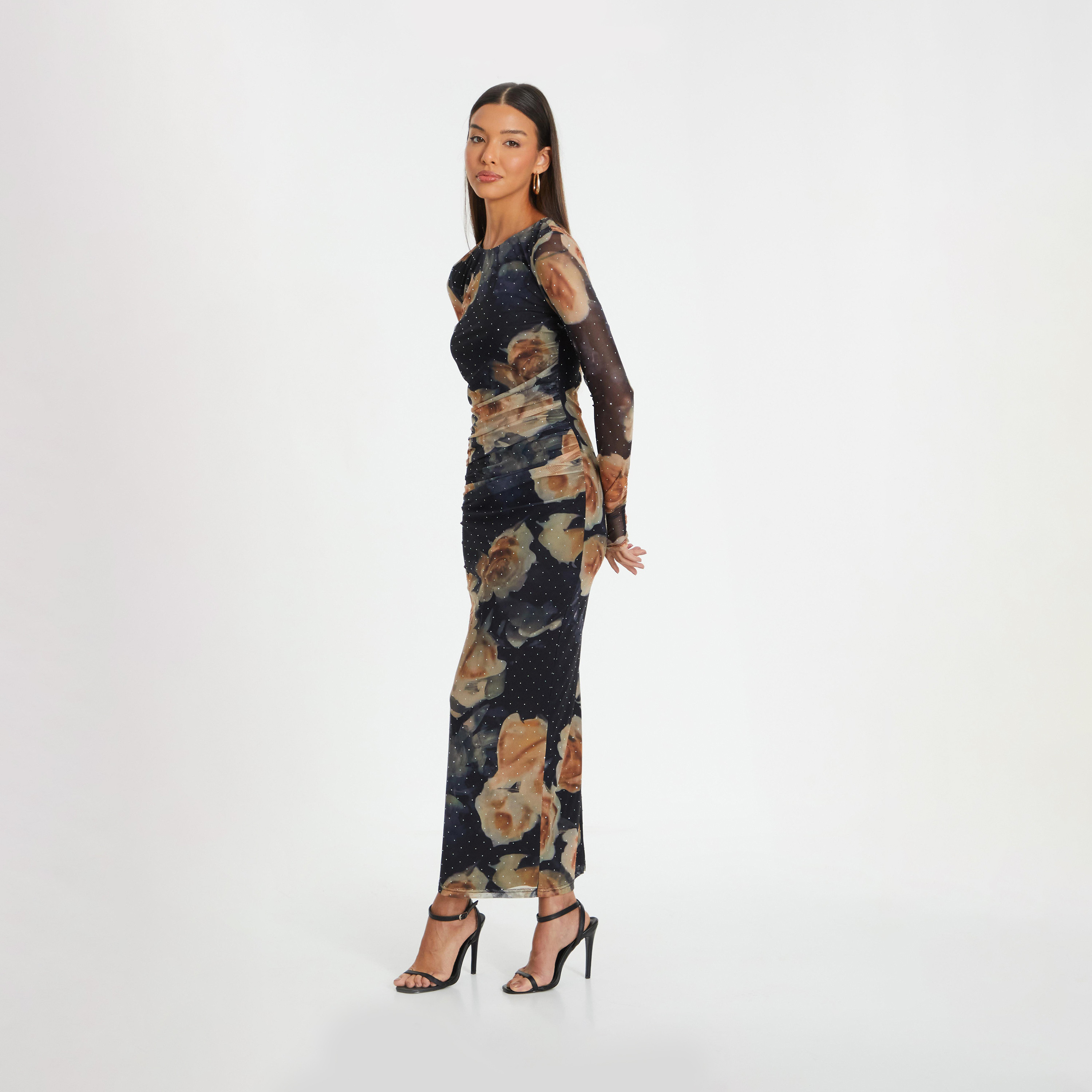 Quiz Black Floral Rhinestone Mesh Round Neck Evening Midaxi Dress-women-clothing-dresses-image-3