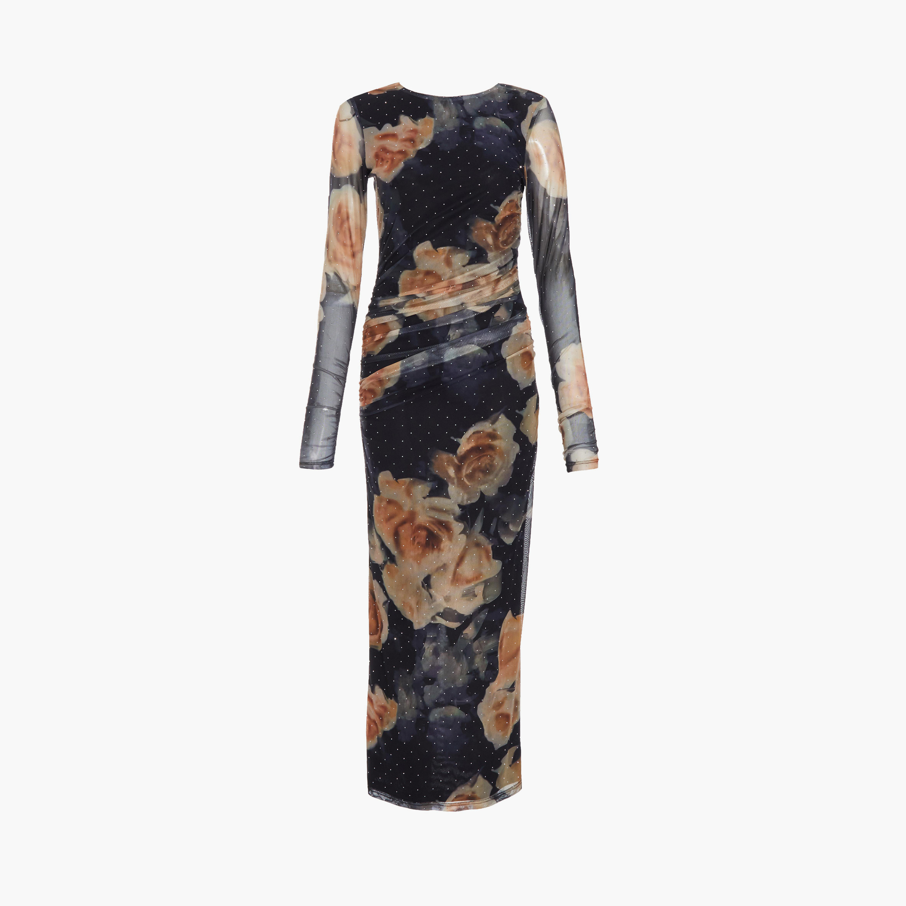 Quiz Black Floral Rhinestone Mesh Round Neck Evening Midaxi Dress-women-clothing-dresses-image-5
