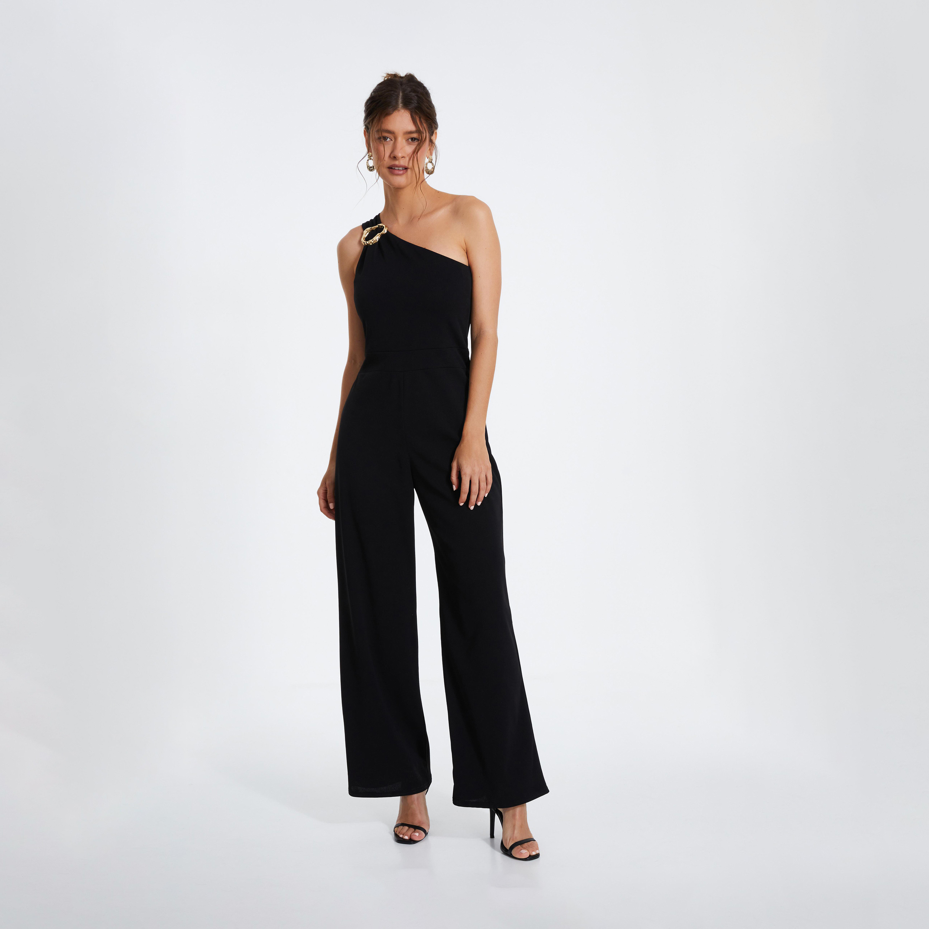 Quiz Black One Shoulder Scuba Crepe Jumpsuit with Gold Buckle-women-clothing-jumpsuits-image-1