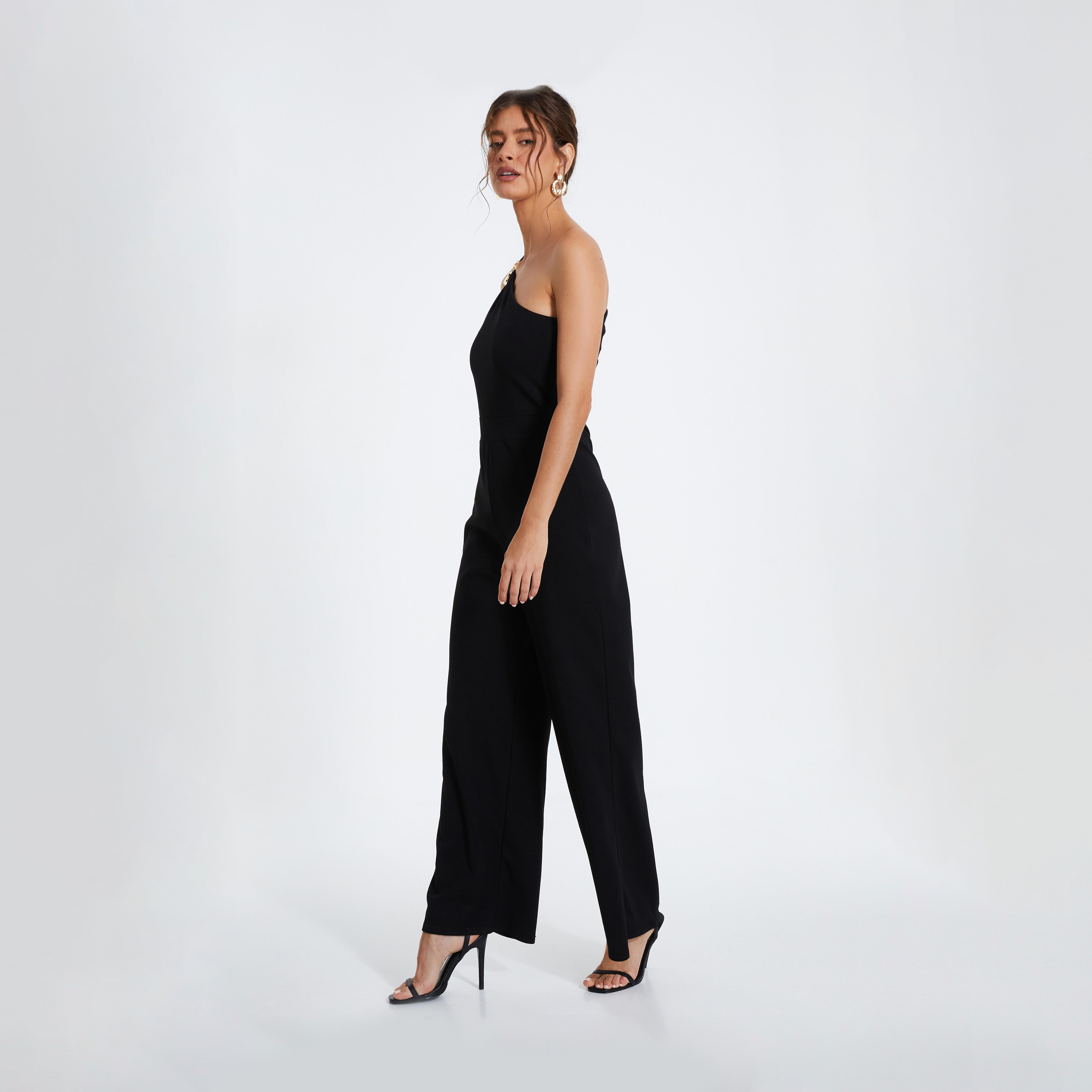 كويز- جمبسوت أسود بكتف واحد من الكريب مع مشبك ذهبي-women-clothing-jumpsuits-image-3