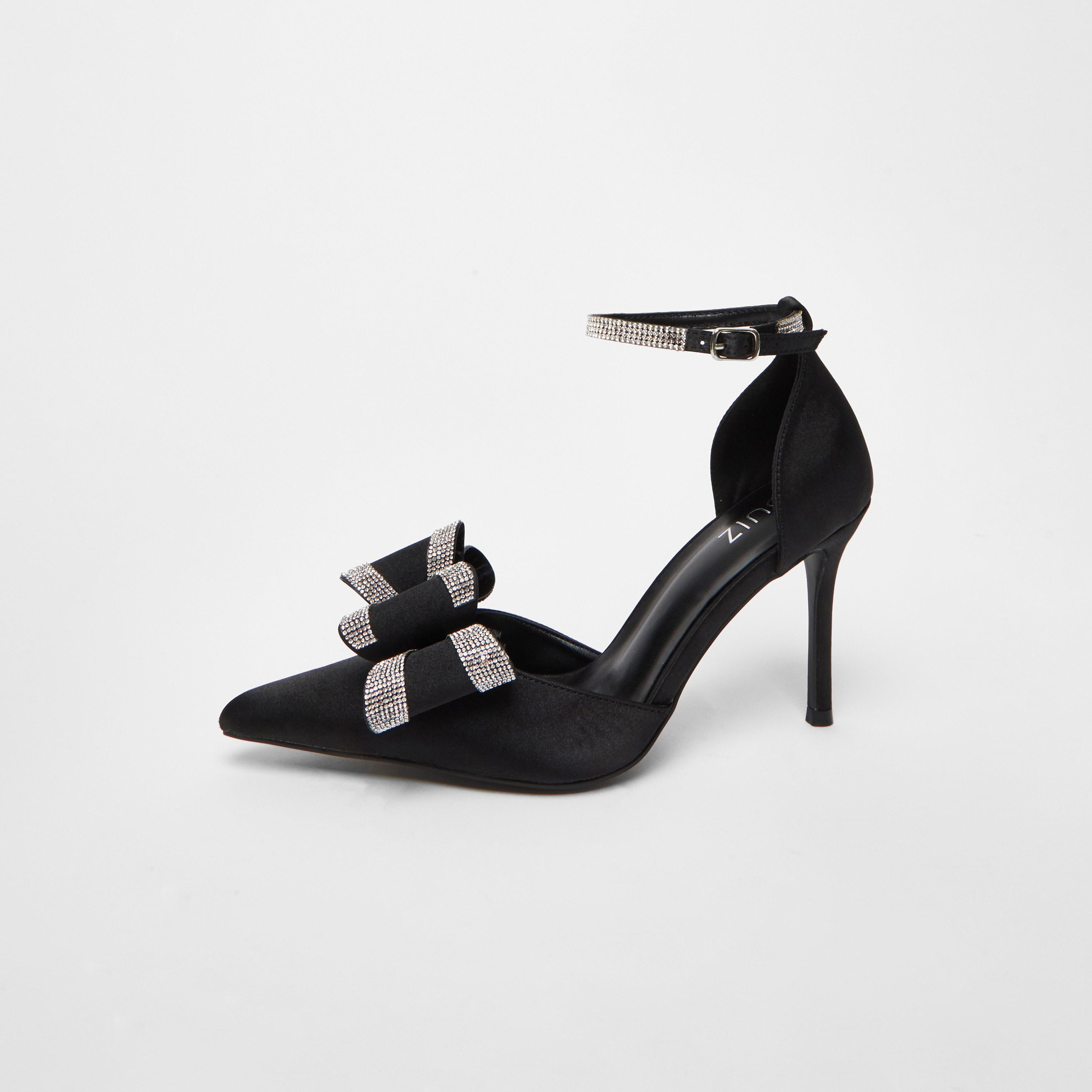صندل كويز نسائي بكعب ستيليتو وتفاصيل بحزام للكاحل مزين بالماس  | 200793000-women-shoes-heels-image-1